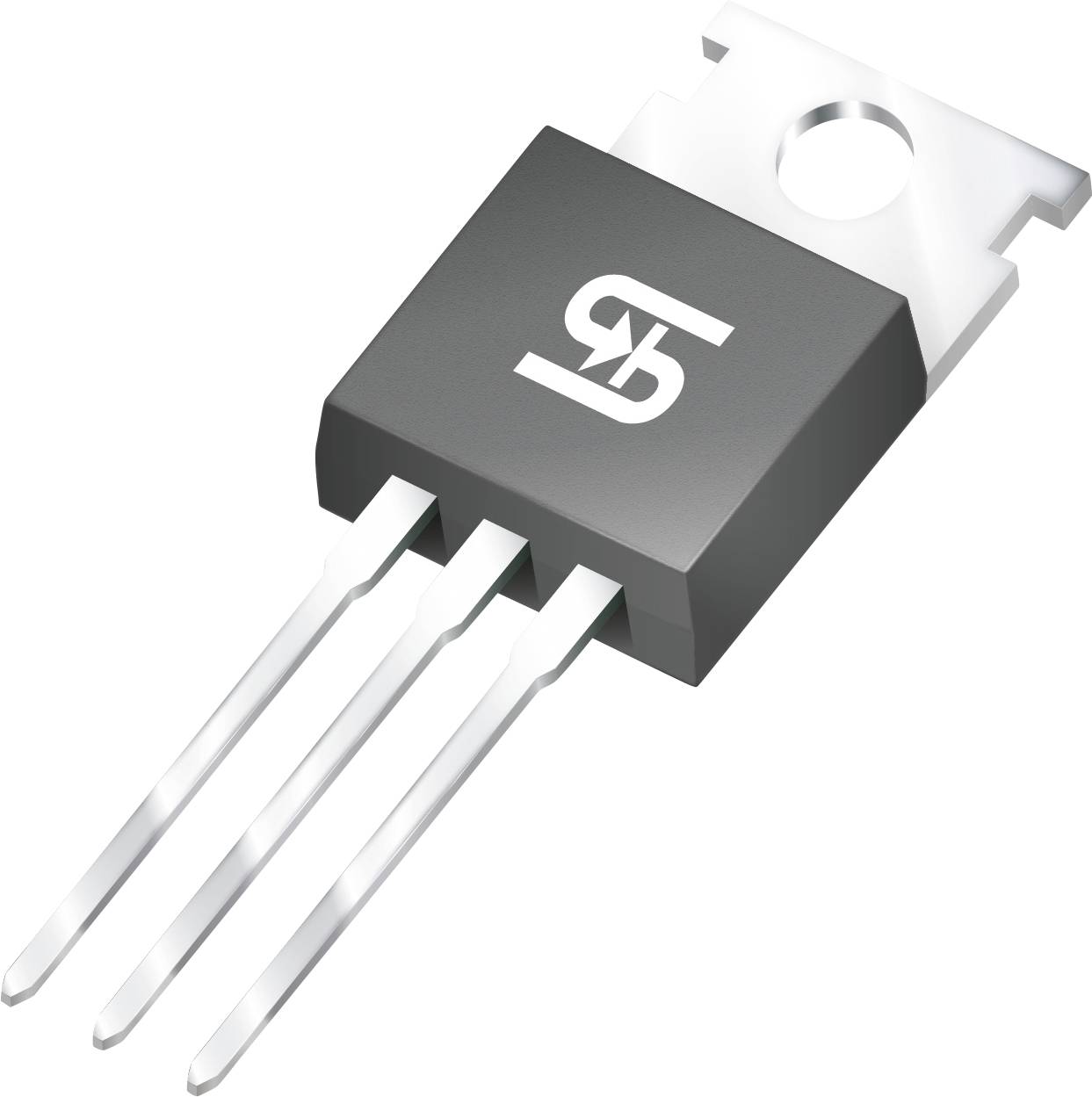 Eine dreistiftige elektronische Komponente, möglicherweise ein Transistor oder Spannungsregler, mit schwarzem Gehäuse und einer metallischen Befestigungslasche.