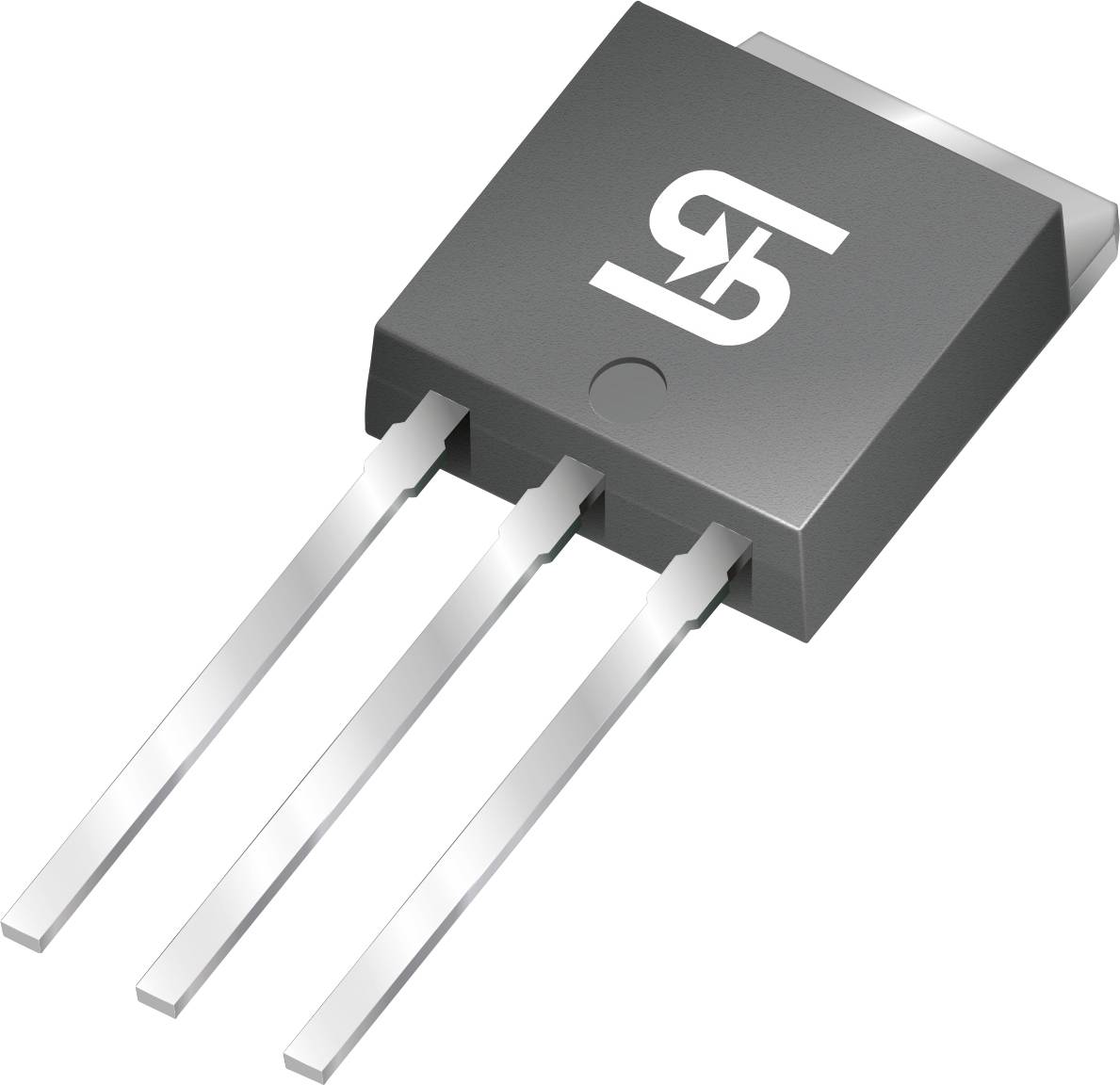 Ein dreipoliges Halbleiterbauelement, wahrscheinlich ein Transistor oder Spannungsregler, mit einem Logo auf seinem dunklen, rechteckigen Gehäuse gekennzeichnet.