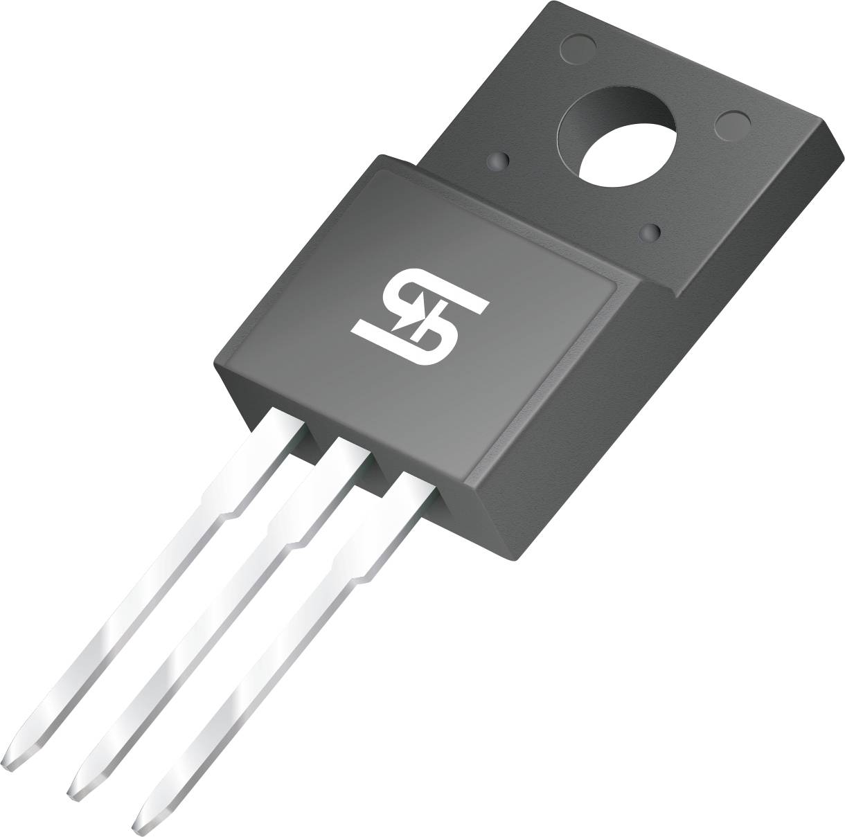 Eine dreipolige elektronische Komponente, ähnlich einem Transistor oder Spannungsregler, mit einem metallischen Kühlkörper.