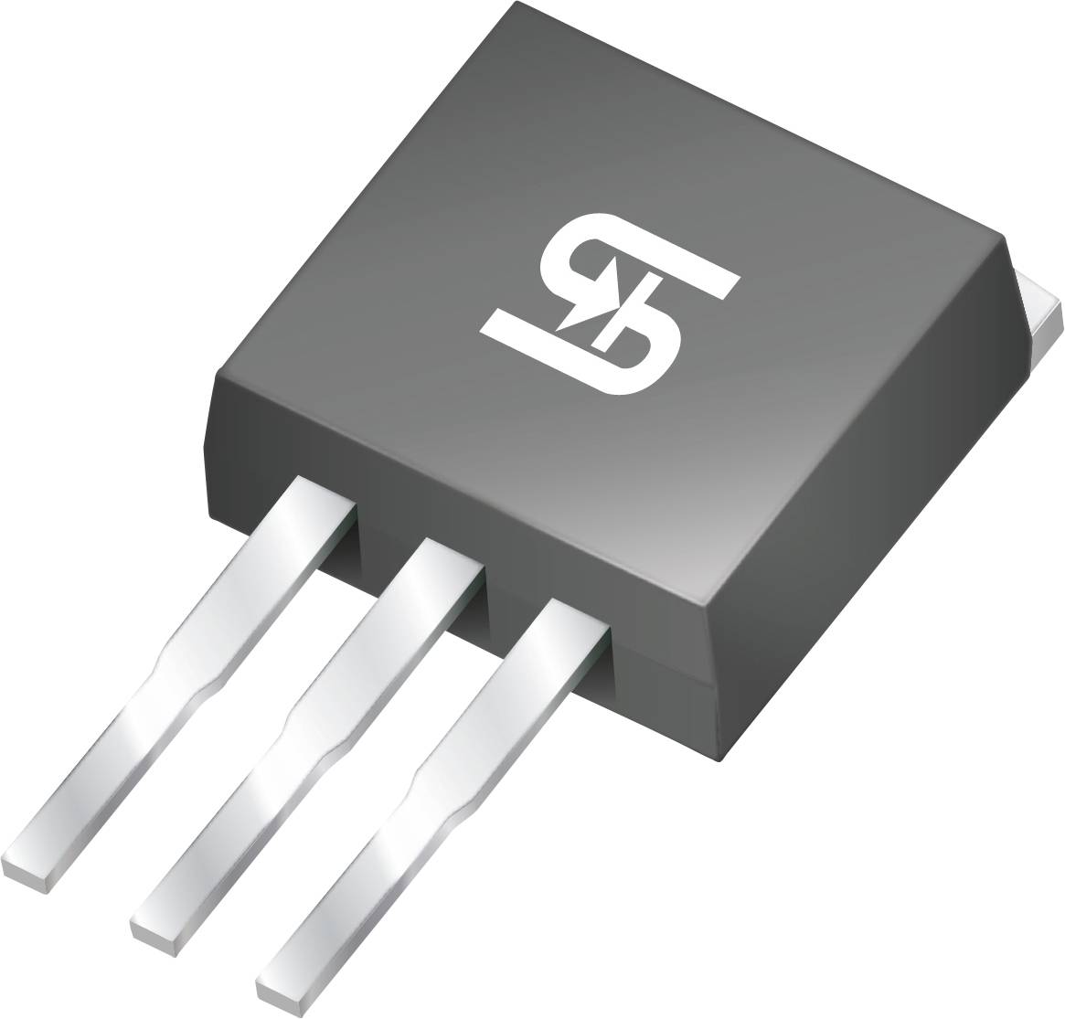 Eine schwarze elektronische Komponente mit drei Metallstiften und einem weißen Symbol, das einem 'G' ähnelt, möglicherweise ein Halbleiter oder Transistor.
