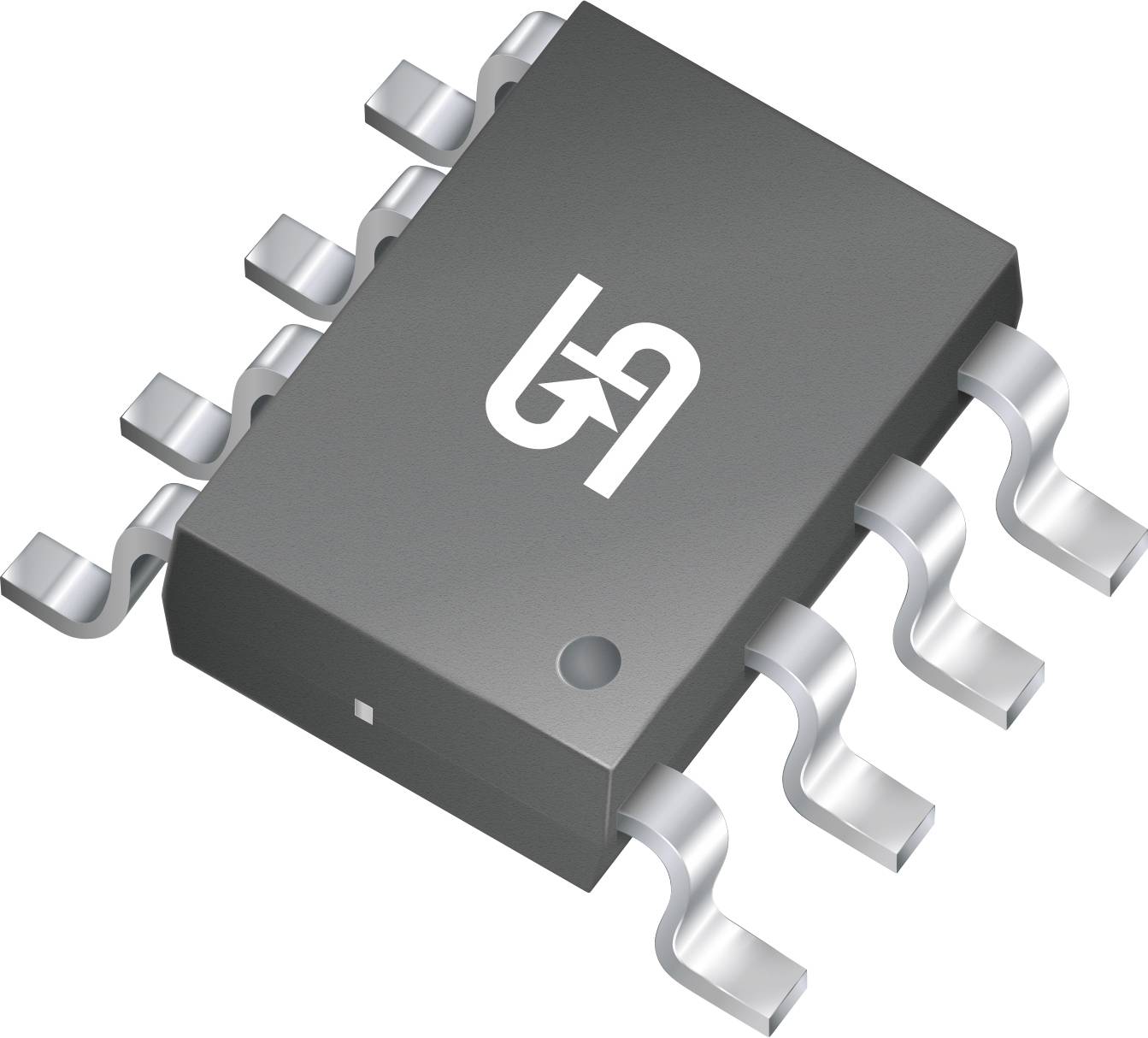 Eine Nahaufnahme einer Illustration eines Mikrochips mit acht Pins und einem Logo oben, das elektronische Komponenten und Technologie darstellt.