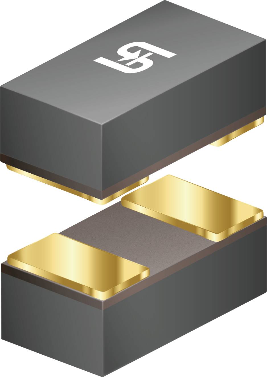 Eine schwarze elektronische Komponente mit einem weißen Symbol auf der Oberseite und goldenen Anschlüssen an den Seiten, die einem oberflächenmontierten Bauteil ähnelt.