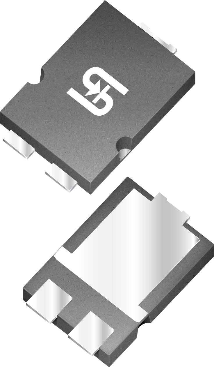 Zwei Halbleiterdioden in einem SMC-Gehäuse, von oben und unten dargestellt, mit Metallanschlüssen und Montagestruktur.