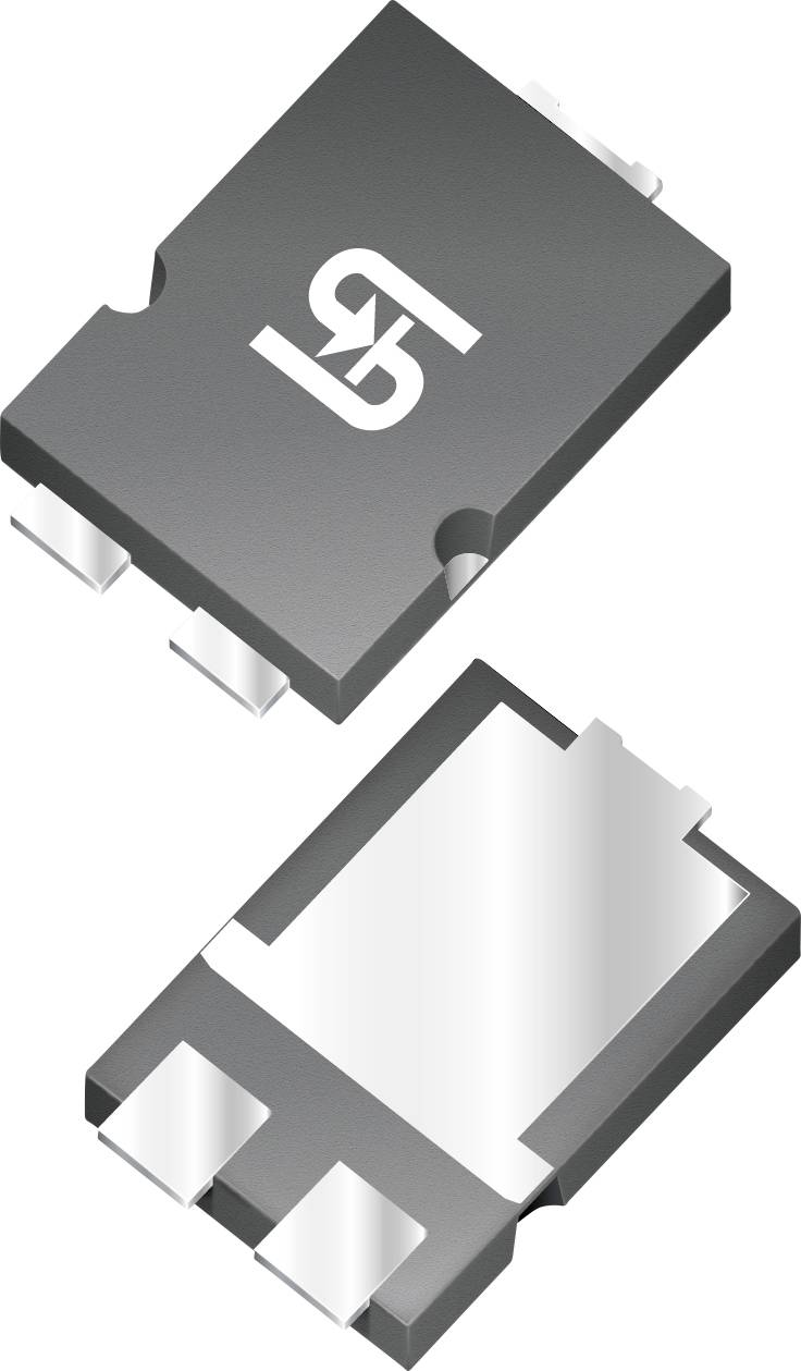 Zwei schwarze und grau electronic SMD-Komponenten mit weißen Markierungen, die Ober- und Unteransichten zeigen und ihre Konstruktion und Verbindungspunkte anzeigen.