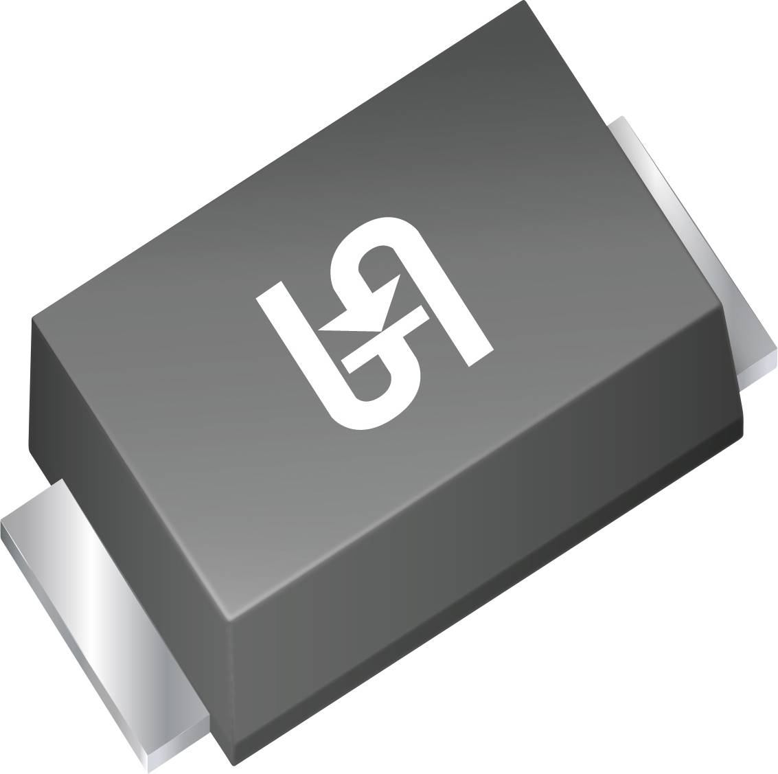 Eine schwarze elektronische Diode mit silbernem Logo oben, mit zwei glänzenden Metalldrähten an jedem Ende, vor weißem Hintergrund.