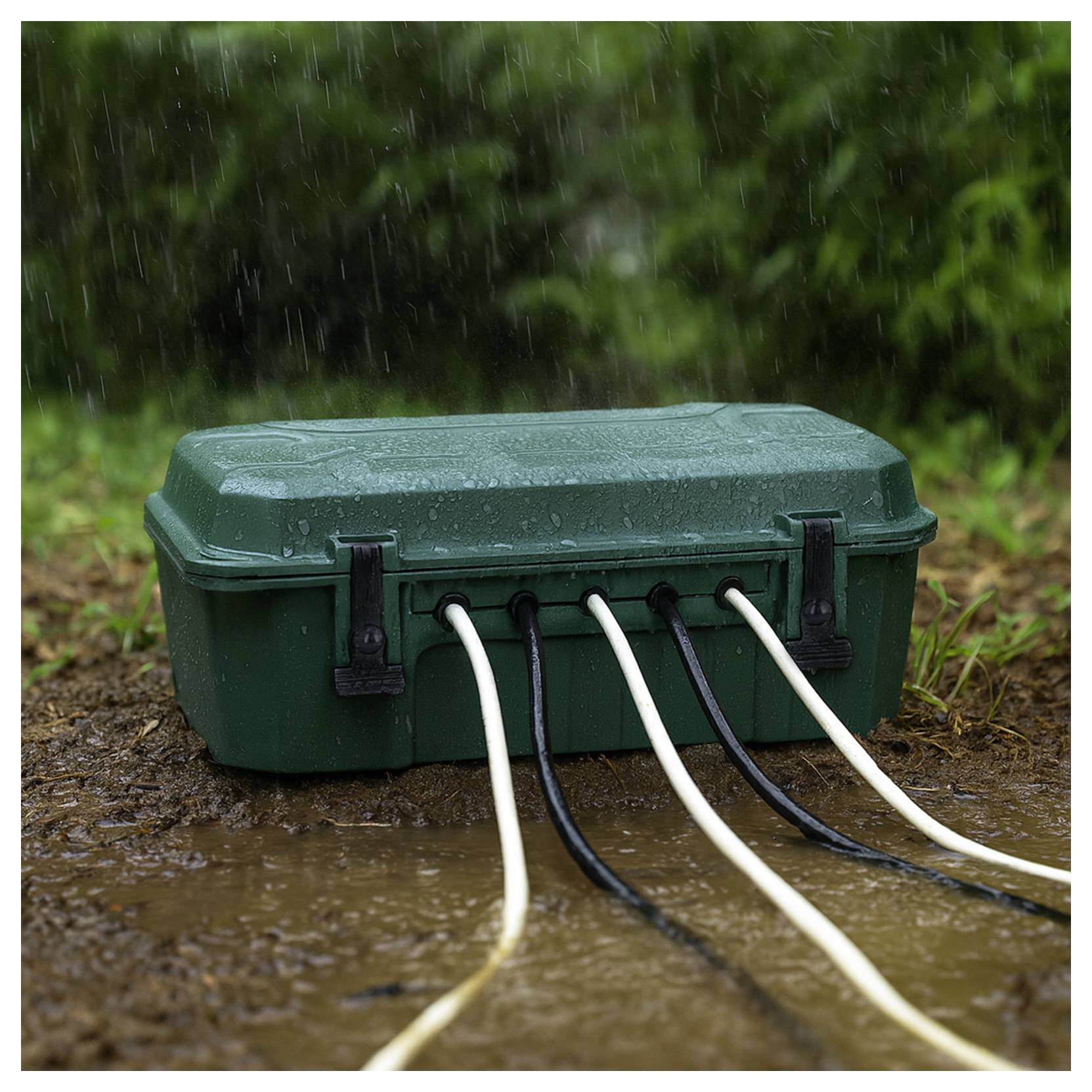 Eine grüne wasserdichte Box mit ausfahrenden Kabeln, auf nassem Untergrund unter Regen platziert, die elektrische Verbindungen schützt.