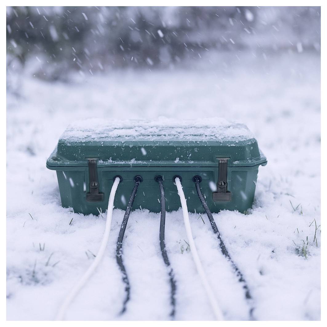 Eine grüne Außenstromverteilbox in einem verschneiten Feld mit mehreren schwarzweißen Kabeln, die sich von ihr erstrecken und mit einer dünnen Schneeschicht bedeckt sind.
