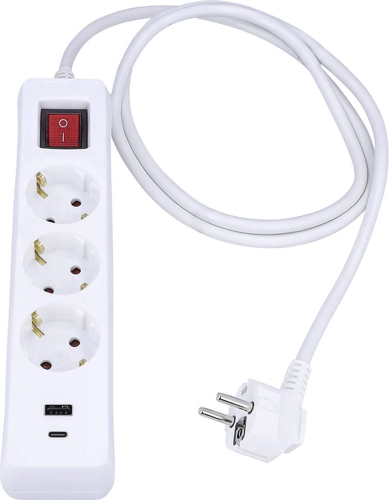 Weiße Steckerleiste mit drei Steckdosen, einem USB-Anschluss und einem Schalter, verbunden mit einem weißen Kabel und einem Stecker.