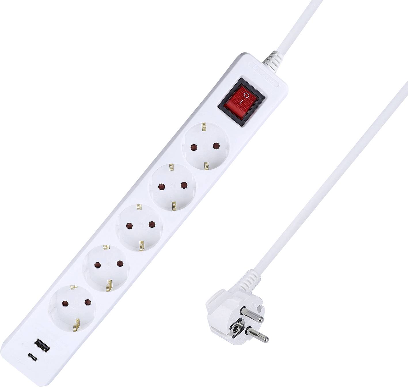 Ein weißer Steckerleistenblock mit vier Steckdosen, einem USB-Anschluss und einem roten Ein-/Ausschalter. Ein Stecker mit einem langen Kabel ist an der Leiste angebracht.