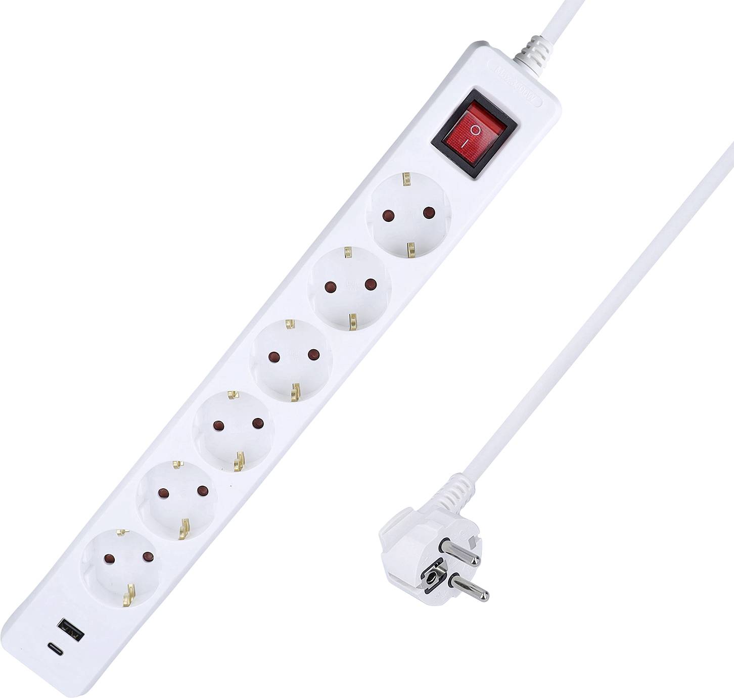 Eine weiße Steckerleiste mit fünf Steckdosen, einem roten Schalter und einem langen Kabel mit europäischem Stecker.