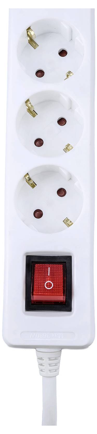 Eine weiße Steckdosenleiste mit drei Steckdosen und einem roten Ein-/Ausschalter mit einem Stromsymbol.