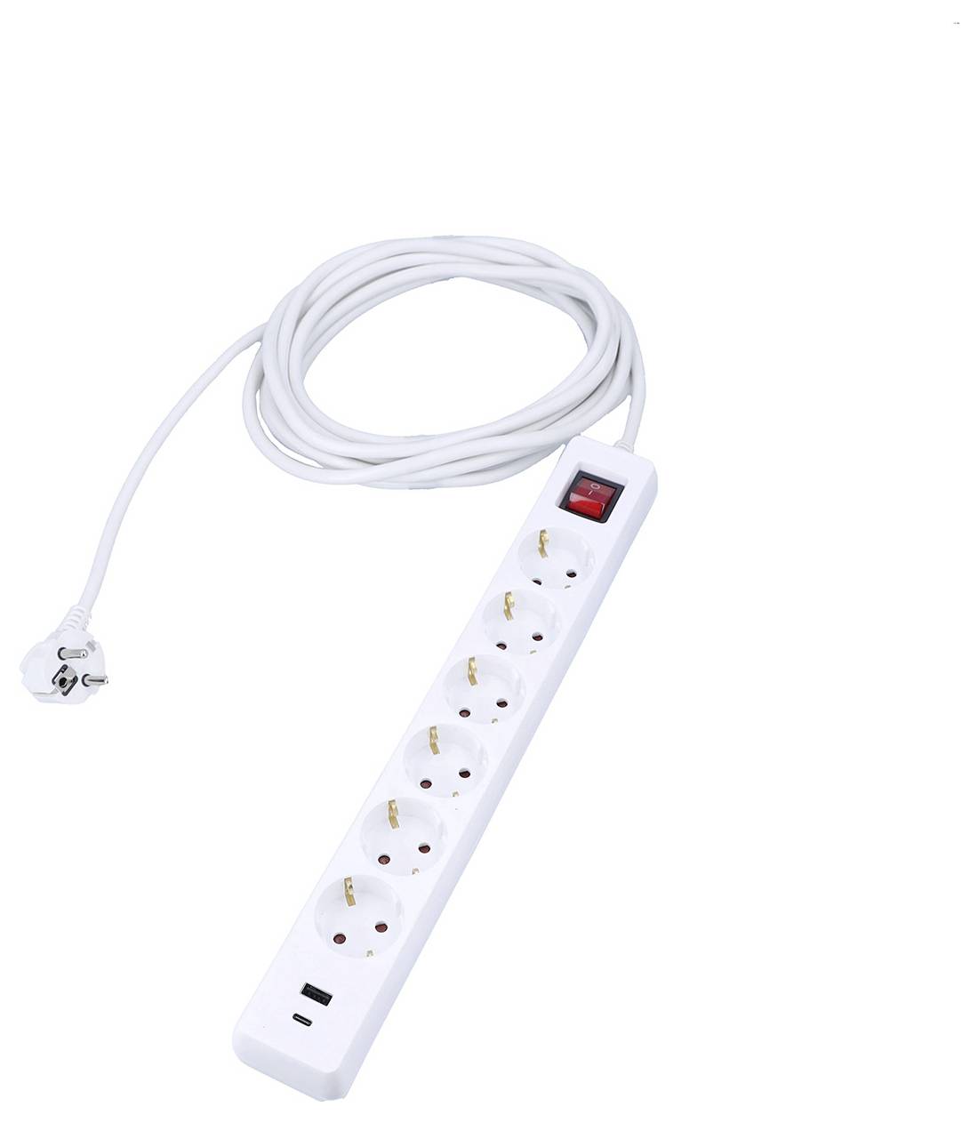 Eine weiße Steckdosenleiste mit fünf europäischen Steckdosen und einem Ein-/Ausschalter. Langes Kabel angebracht.