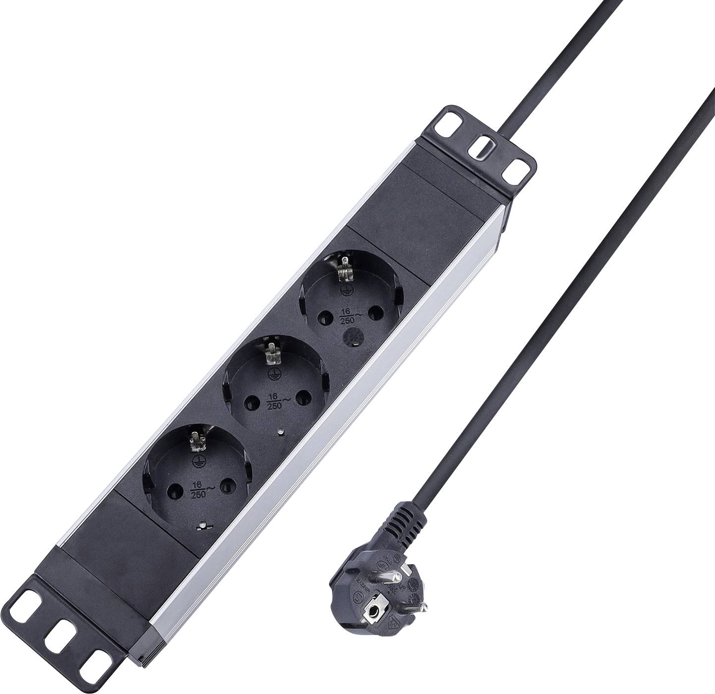 Eine Steckdosenleiste mit drei europäischen Steckdosen und einem langen schwarzen Kabel, das in einen Stecker endet und zur Wandmontage geeignet ist.