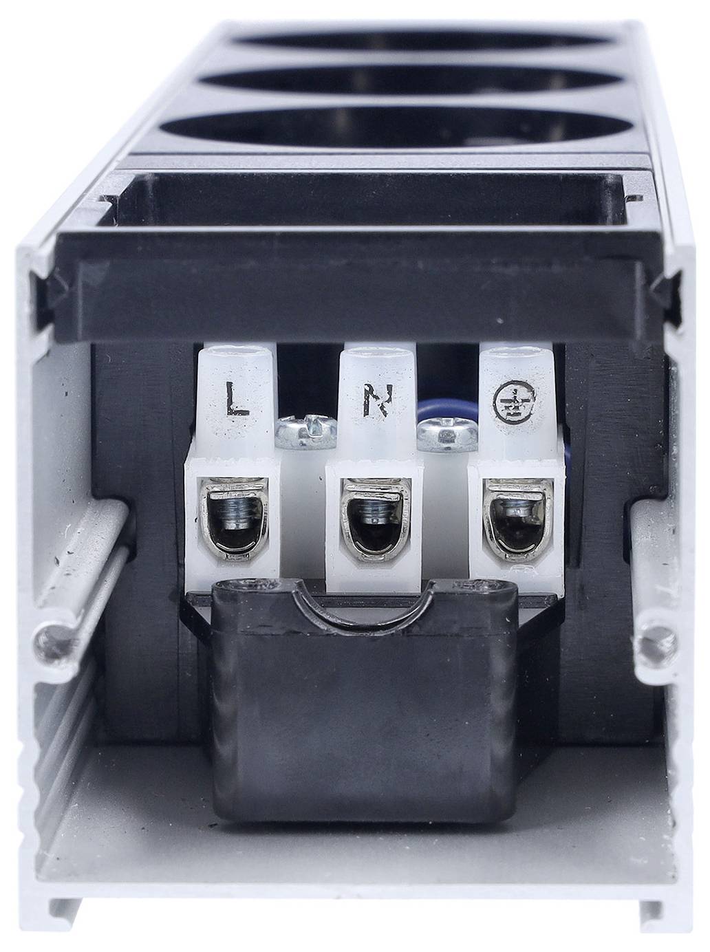 „Nahaufnahme einer Stromklemme mit beschrifteten Anschlüssen für Phase (L) und Nullleiter (N), bestimmt für die Elektroinstallation.