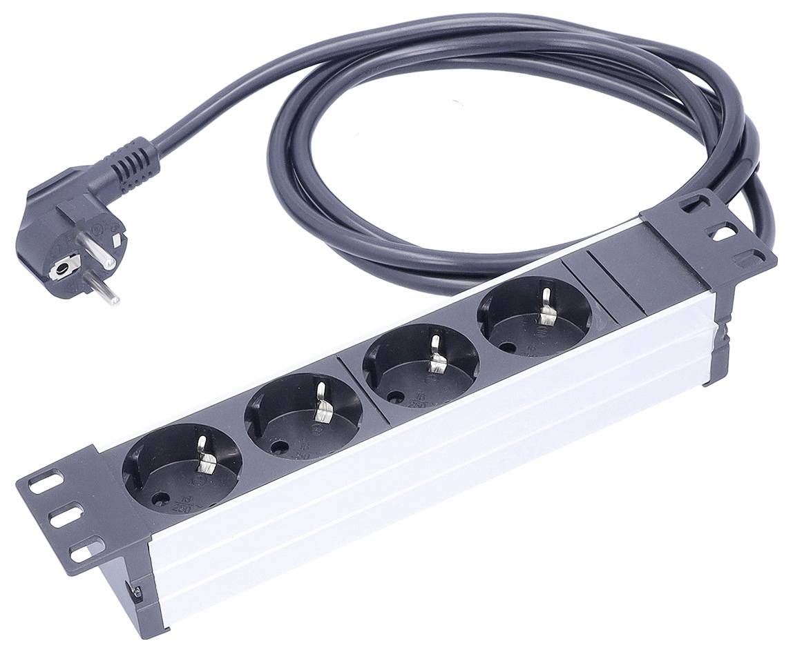 Ein schwarzes und silbernes Stromverteilerleistengerät mit vier europäischen Steckdosen und einem Kabel, das in einem zweipoligen Stecker endet.