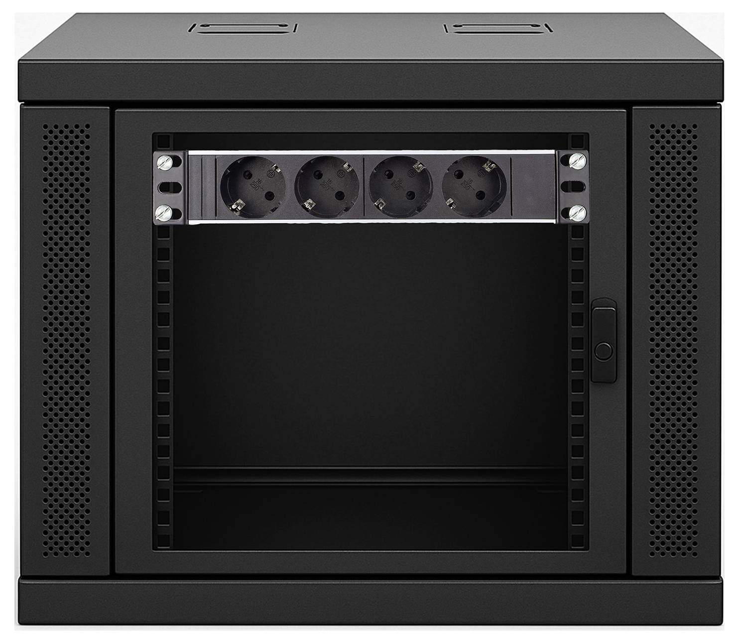 Ein schwarzes Metallgehäuse mit durchsichtiger Vordertür, mit mehreren Steckdosen im Inneren, verwendet zur Organisation von Geräten.