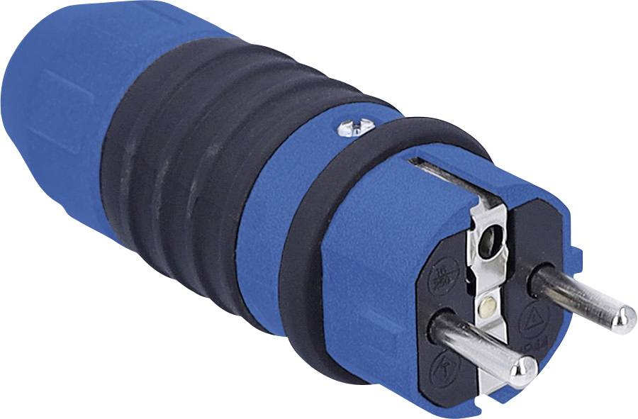 Ein blau-schwarzer Elektrostecker-Adapter mit zwei Metallstiften und zylindrischem Gehäuse, der für Stromverbindungen verwendet wird.