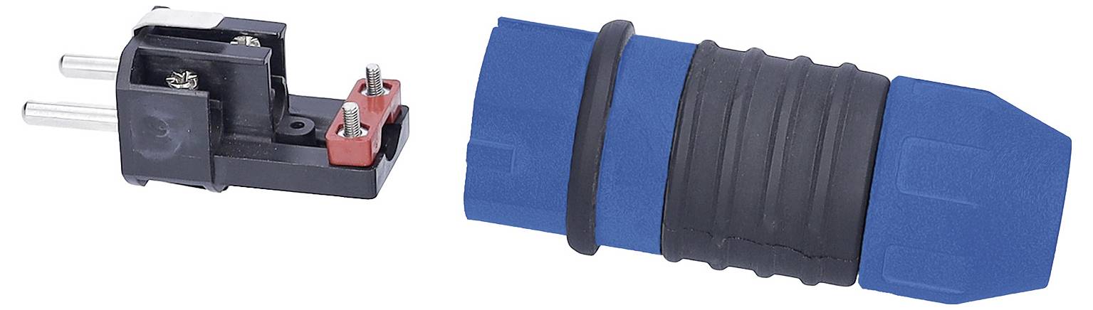 Ein blauer und schwarzer elektrischer Stecker mit einem zweipoligen Stecker.
