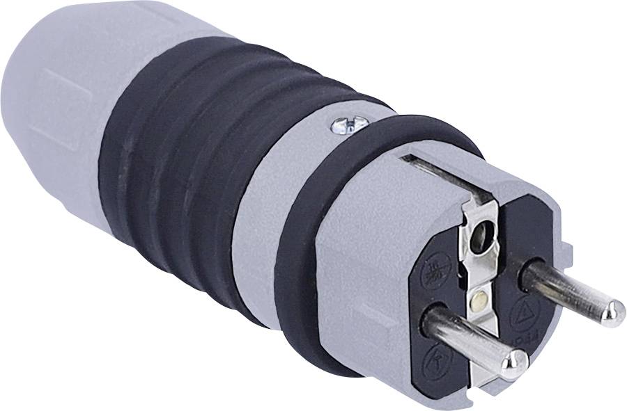 Eine Nahaufnahme eines europäischen Steckeradapters, der auf einer weißen Oberfläche liegt und sein Stiftdesign und die Außengehäuseform zeigt.