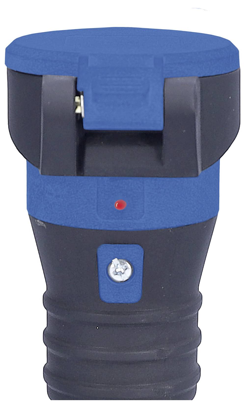Ein schwarzer und blauer Stecker mit einem Deckel, der eine rote Kontrollleuchte und eine sichtbare Schraube in der Mitte aufweist.