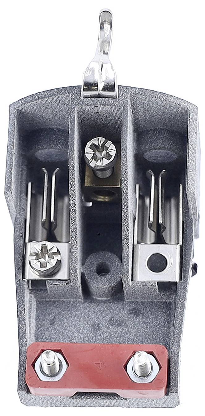 Ein Nahaufnahme einer metallischen elektrischen Komponente mit drei separaten Schlitzen, Schrauben und einer roten Basis, die zum sicheren Verbinden von Drähten ausgelegt ist.