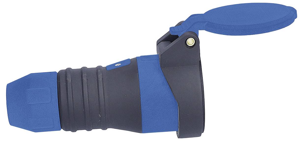 Ein blauer und schwarzer Industriestecker mit einer schützenden Klappenabdeckung, entwickelt für Hochspannungs-Elektroverbindungen, auf weißem Hintergrund gezeigt.