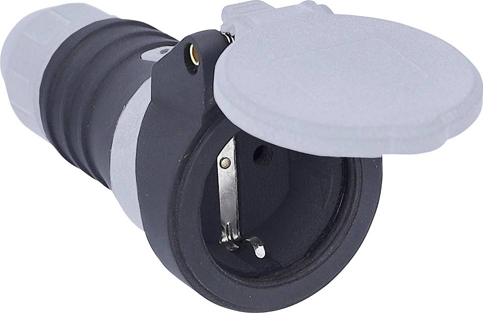 Eine Nahaufnahme eines schwarzen und grauen Elektrosteckers mit geöffneter Schutzkappe, die seine inneren Metallkontakte zeigt.