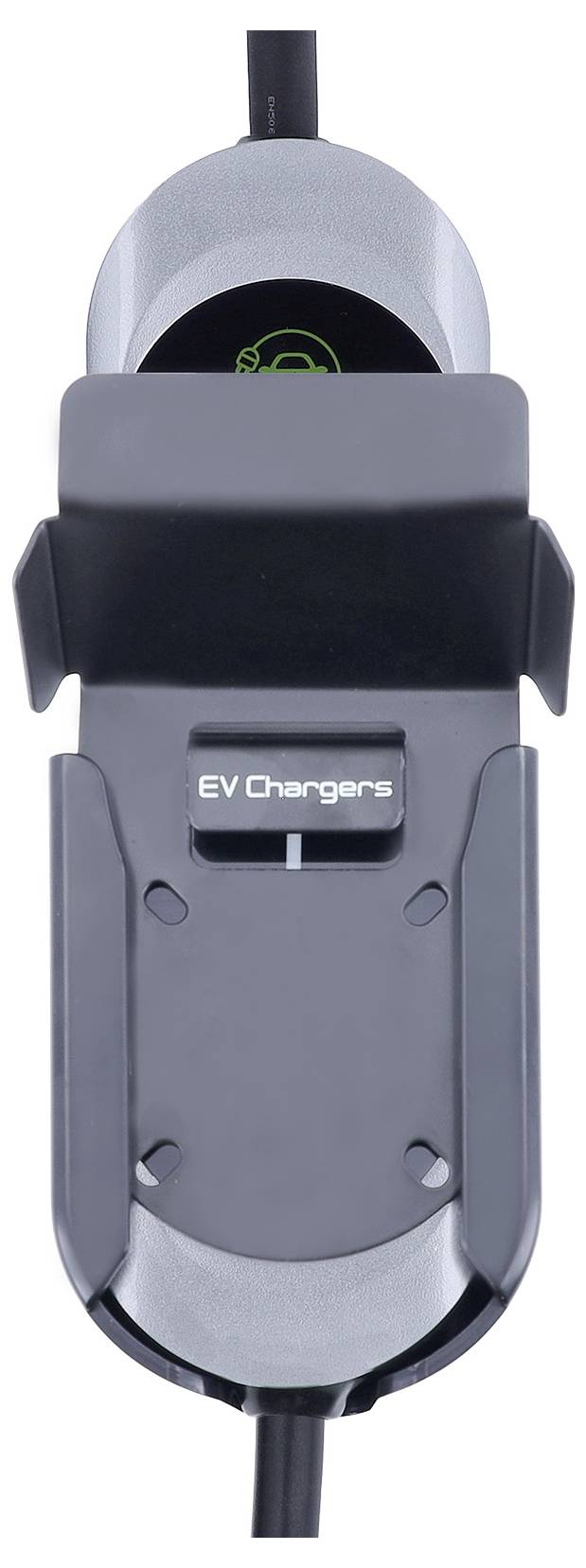 Ein schwarz-grauer Elektrofahrzeug-Ladestation mit einem Display, das ein grünes Stecker-Symbol anzeigt. Das Etikett lautet 