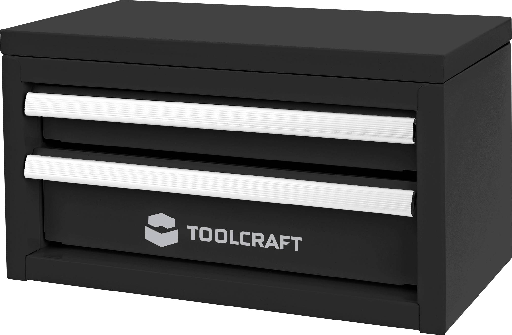 Schwarzer Werkzeugkasten von Toolcraft mit zwei Schubladen und silbernen Griffen, in schrägem Frontalblick dargestellt.