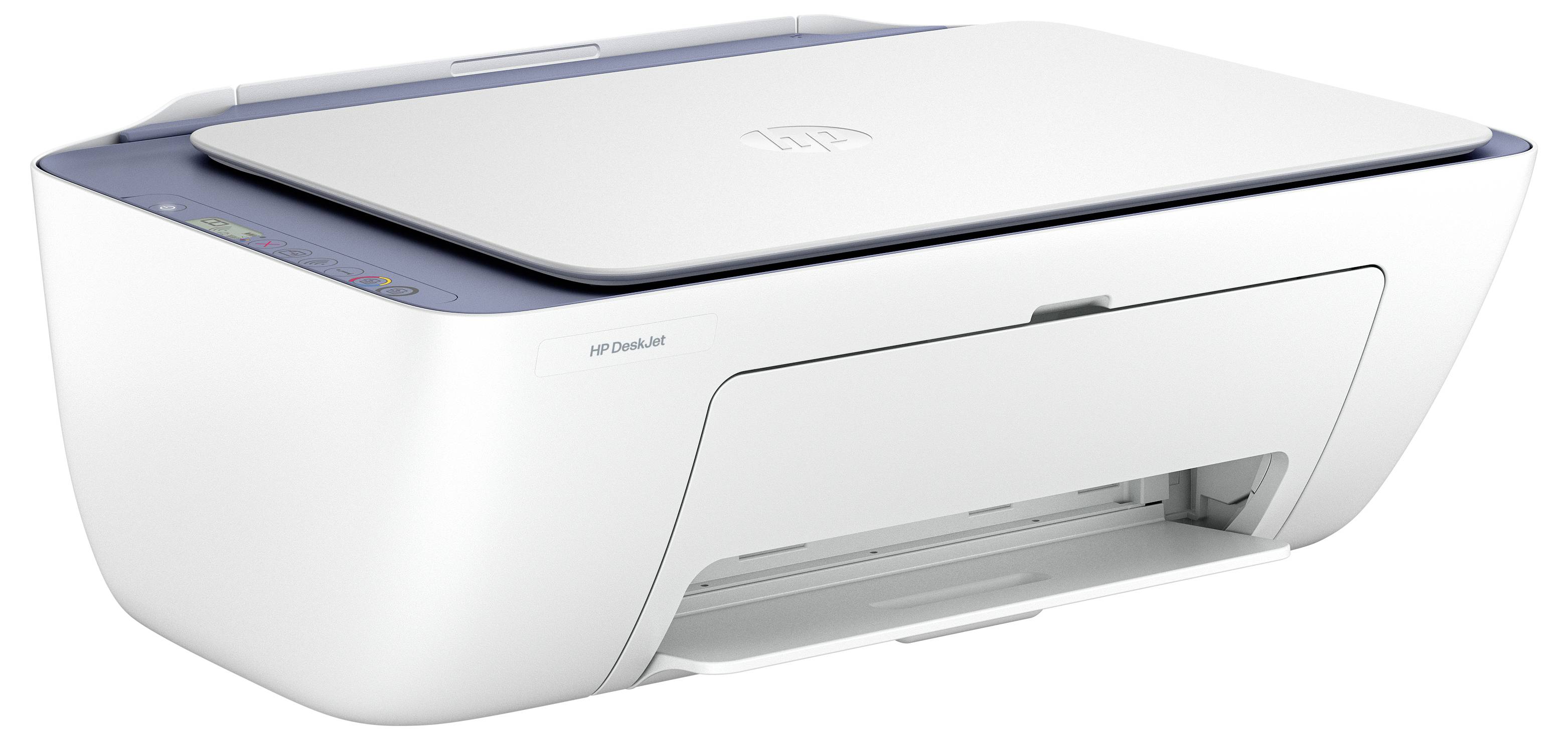 Ein weißes Multifunktionsdruckergerät mit einem Flachbettscanner oben, Bedientasten auf der Vorderseite links und einem Papierfach unten.