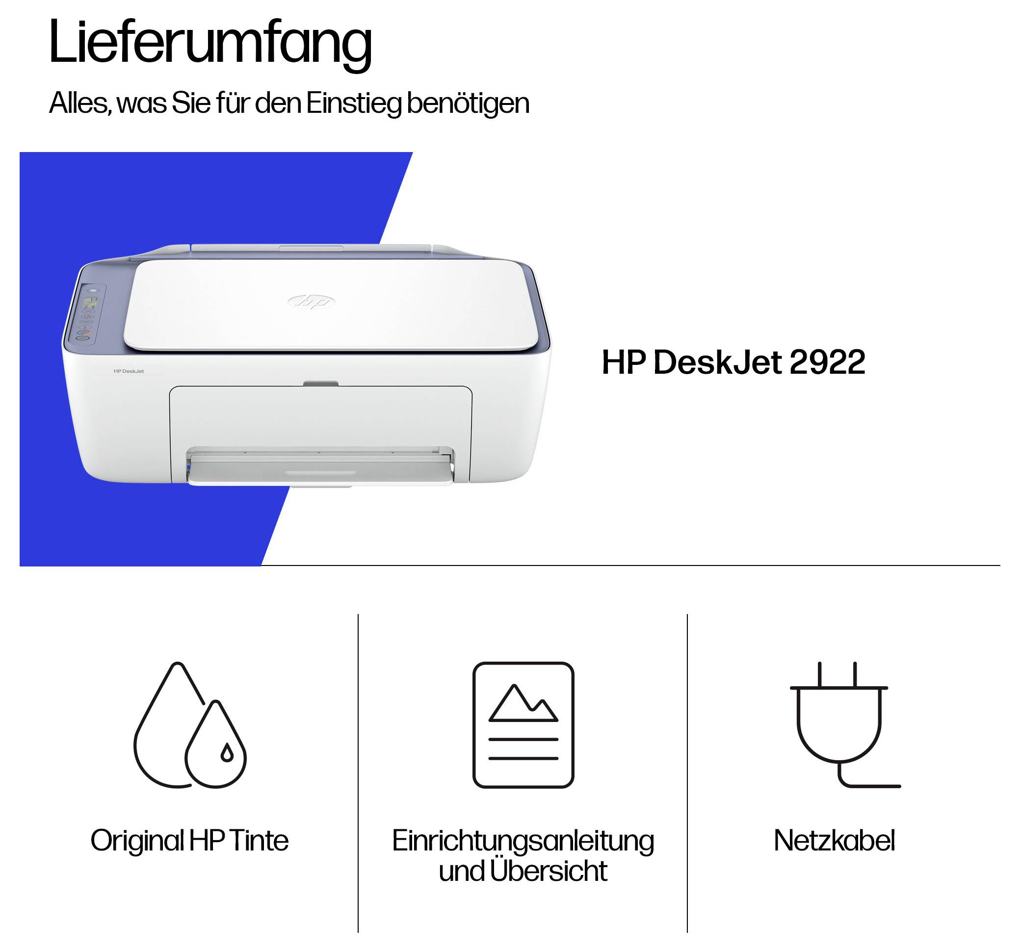 Lieferumfang: HP DeskJet 2922 Drucker, Original HP Tinte, Einrichtungsanleitung und Übersicht, Netzkabel.