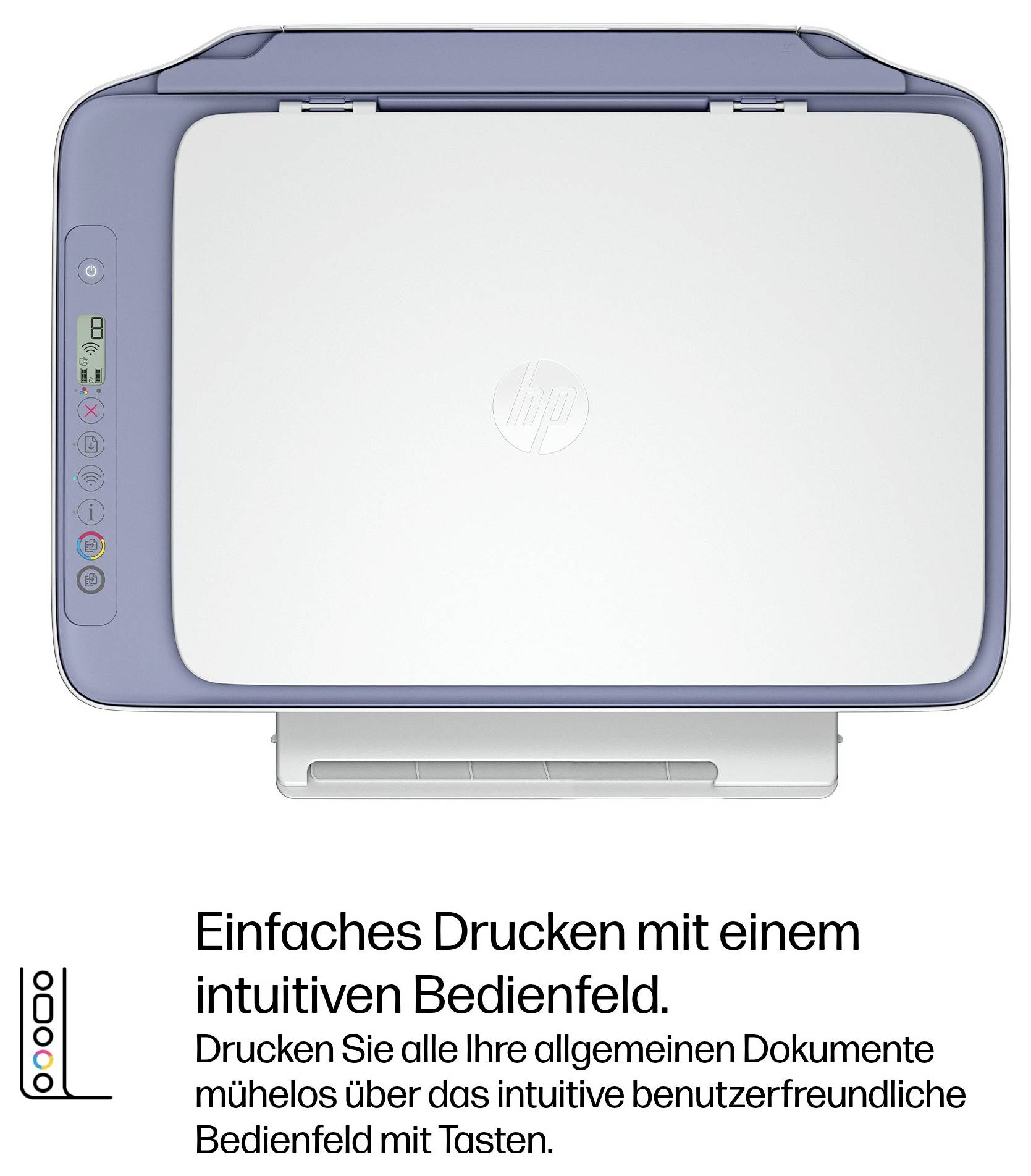 Drucker mit intuitivem Bedienfeld von oben gesehen. Text besagt: Einfaches Drucken mit intuitivem Bedienen über Tasten.