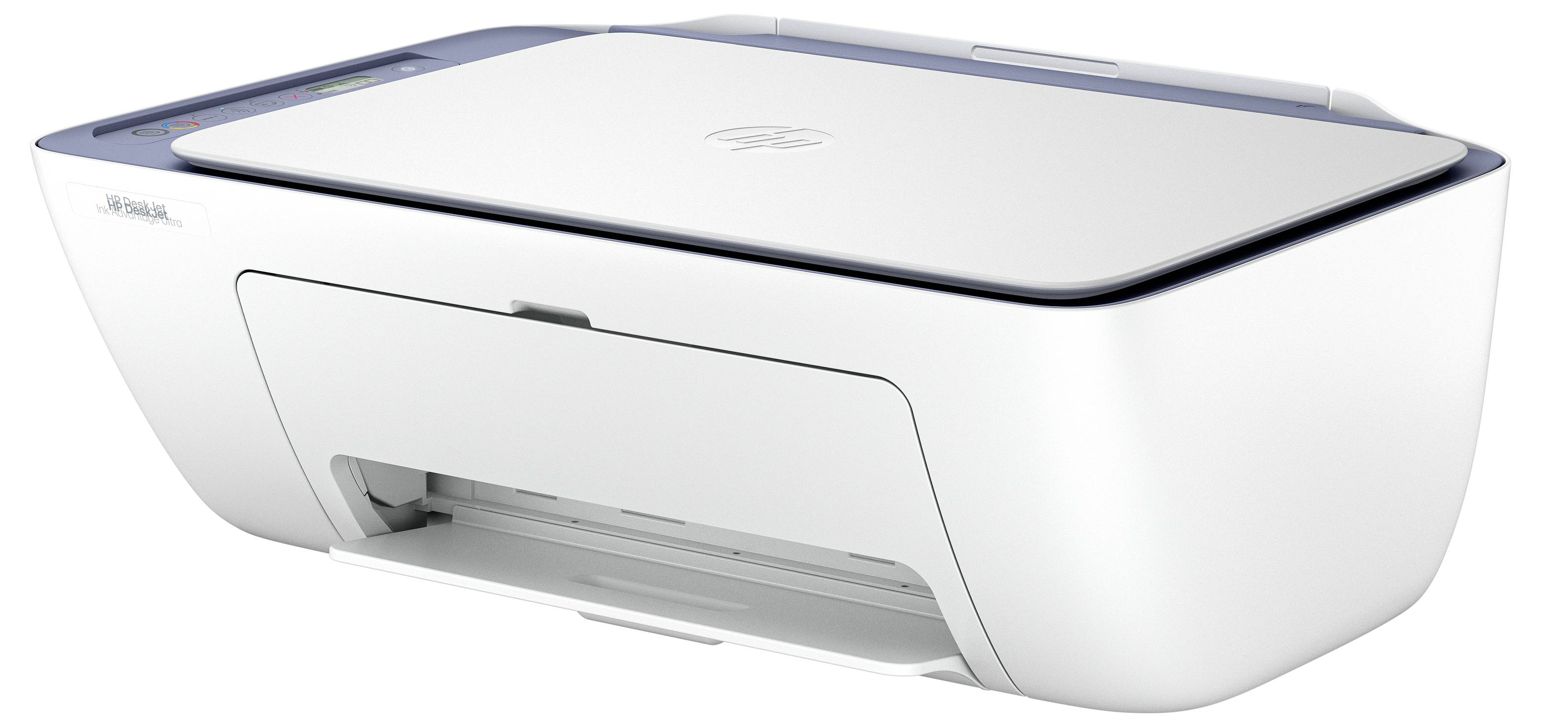 Ein weißer HP Deskjet Drucker, leicht angewinkelt, mit einem oben angebrachten Scanner und einer vorderen Papierschublade, geeignet für den Heim- oder Kleinbüroeinsatz.