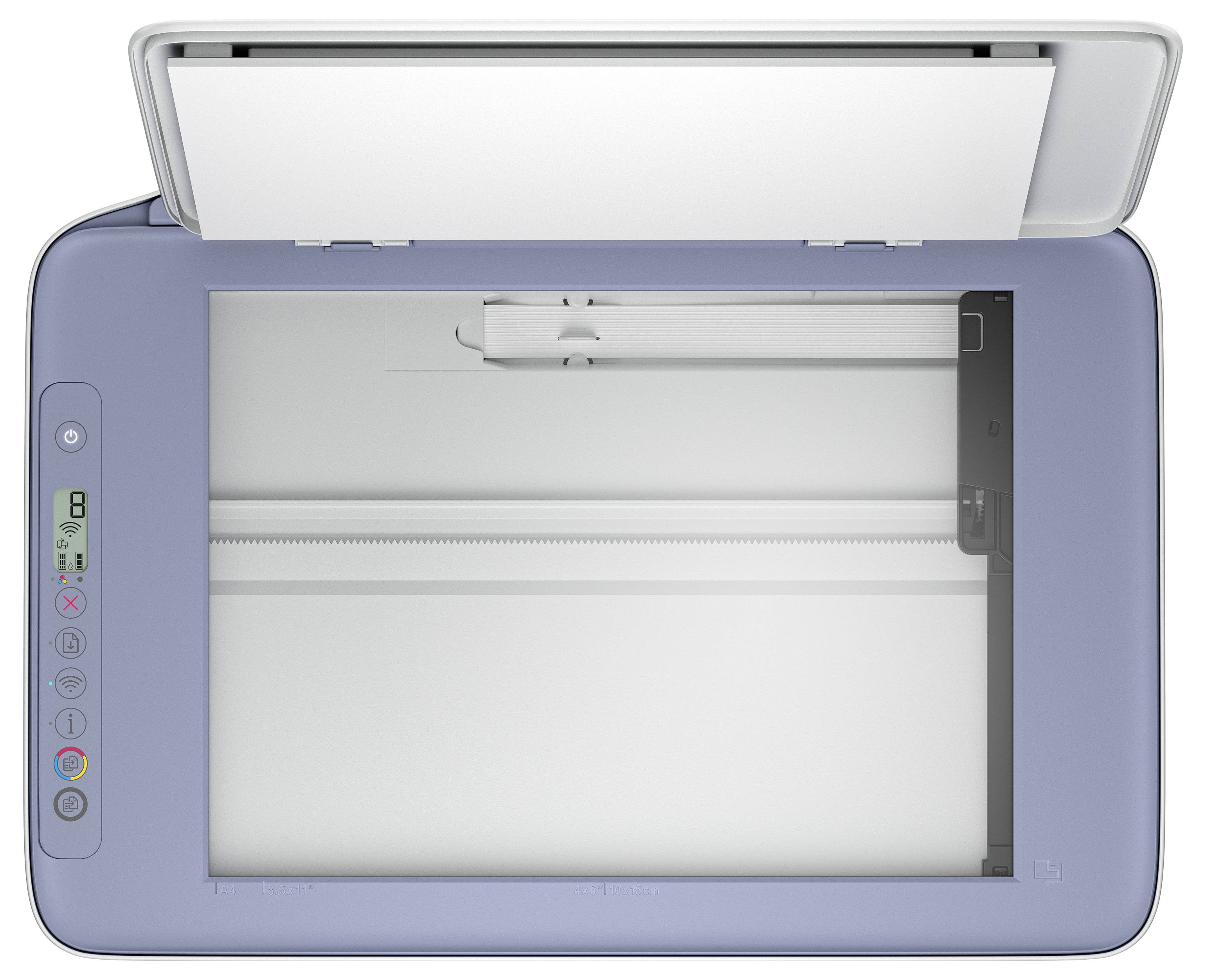 Eine Draufsicht eines offenen Flachbettscanners mit angehobenetem Deckel, der die Glasscanfläche und das Bedienfeld an der Seite zeigt.