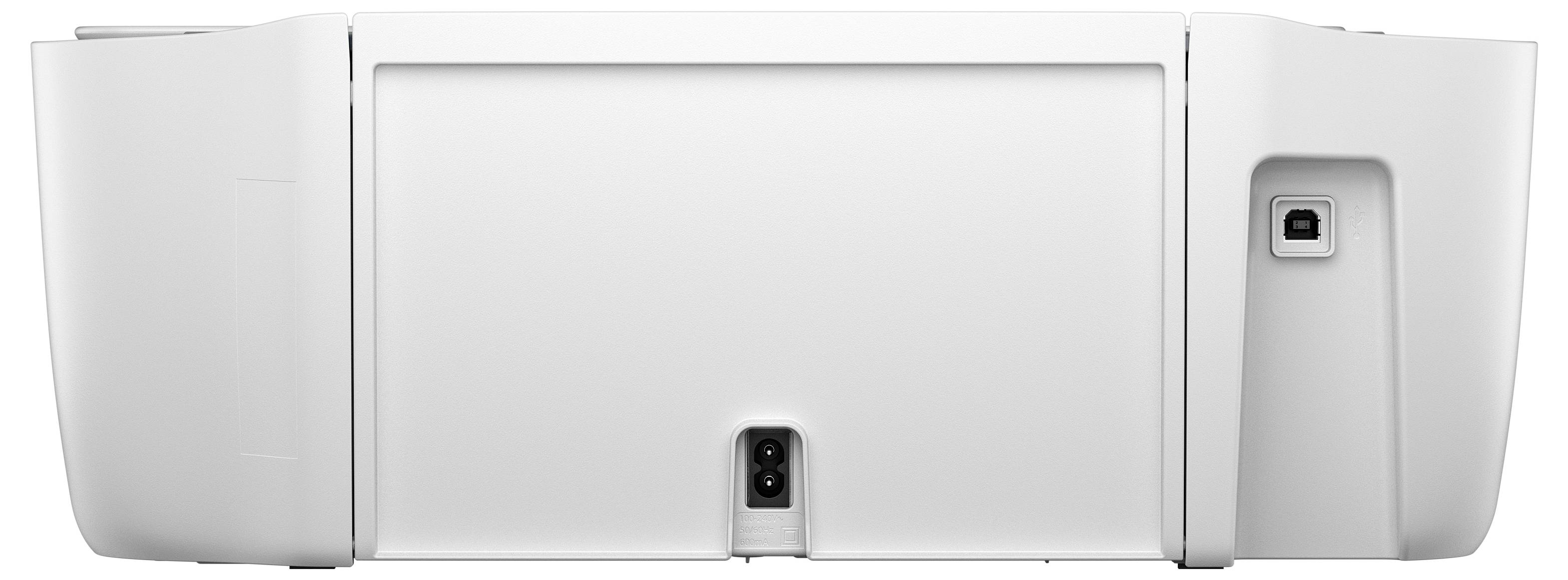 Ein weißer Drucker von hinten betrachtet, mit Stromanschluss und USB-Anschlüssen, vor einem einfachen Hintergrund.