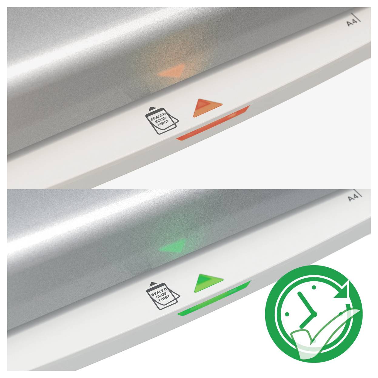 Laminiergerät mit Anzeigelicht: Oberes Bild zeigt rotes Dreieck (bereit), unteres Bild zeigt grünes Dreieck (laminiert), Uhrensymbol.