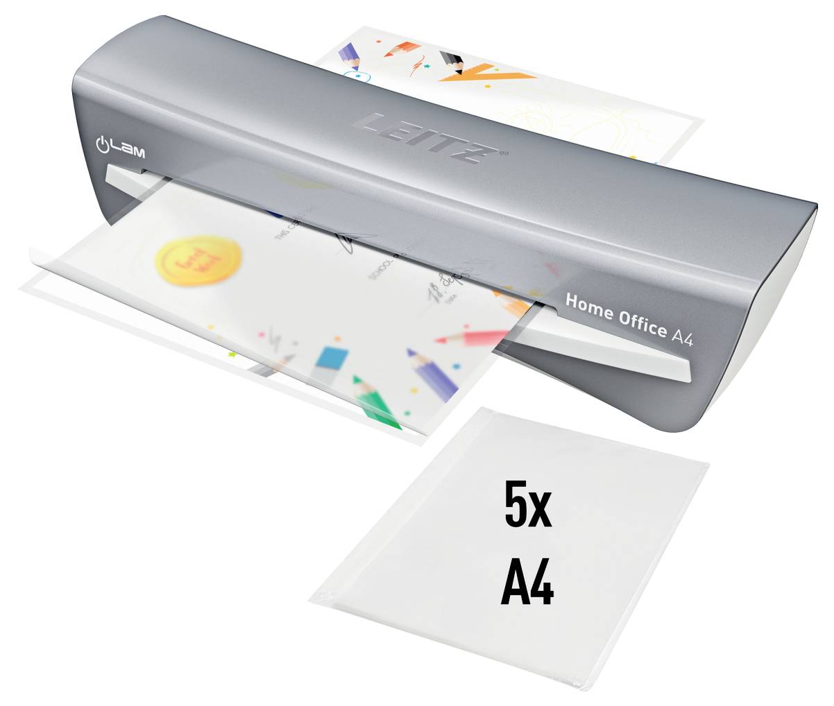 Ein Laminiergerät für das Homeoffice mit einem laminierten Dokument, beschriftet mit „Home Office A4