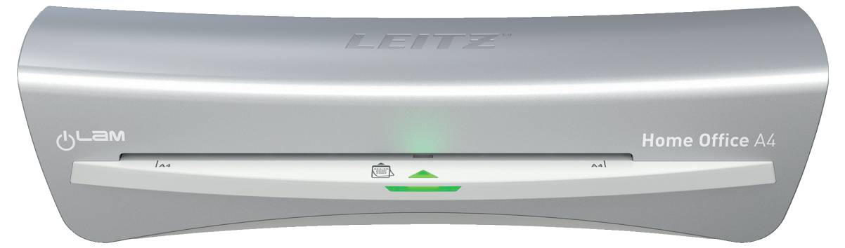 Ein silberner Bürolaminierer mit der Bezeichnung „LEITZ Home Office A4