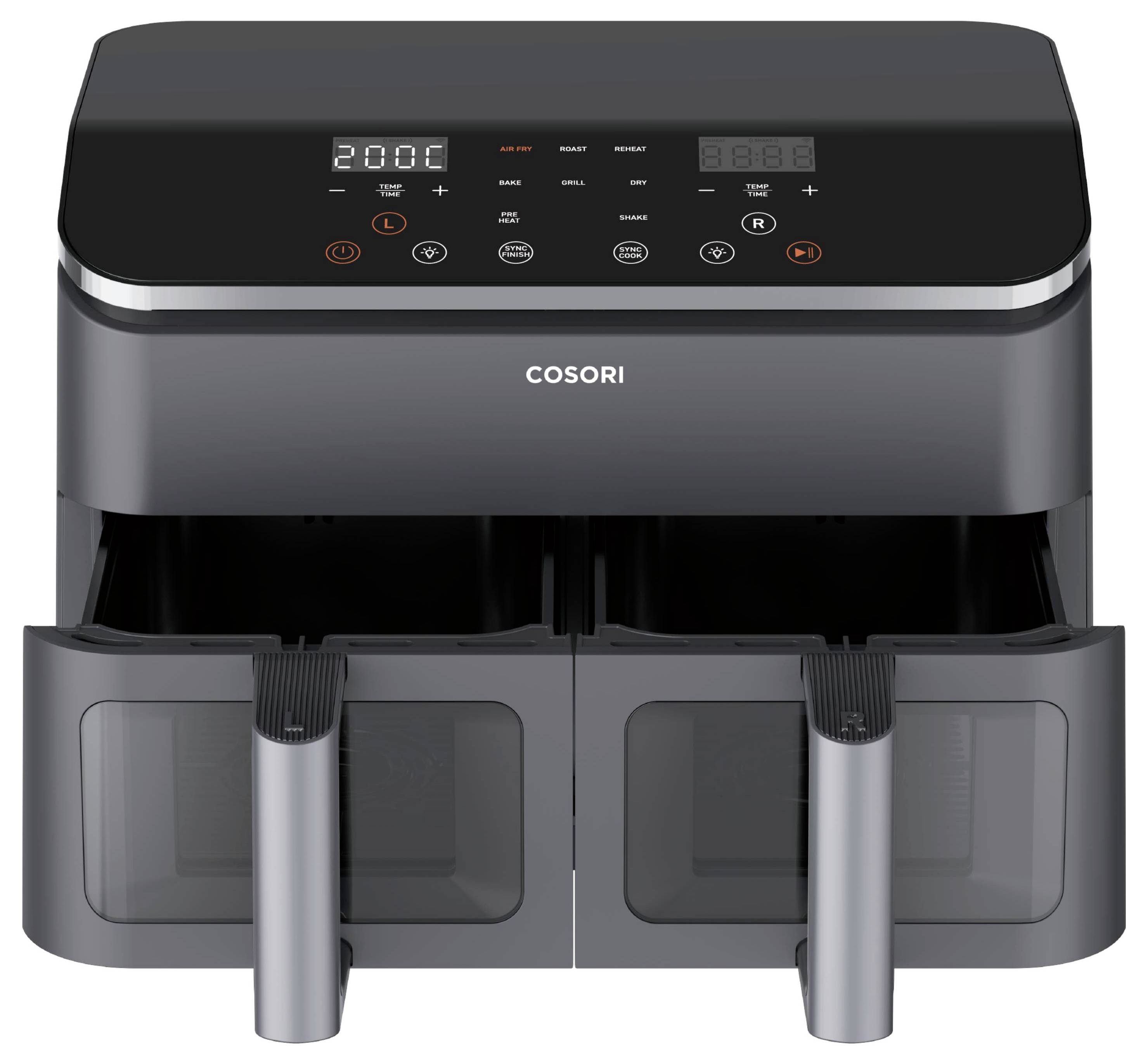 Ein Dual-Korb-Heißluftfriteuse mit digitalen Steuerungen zeigt auf der linken Seite 