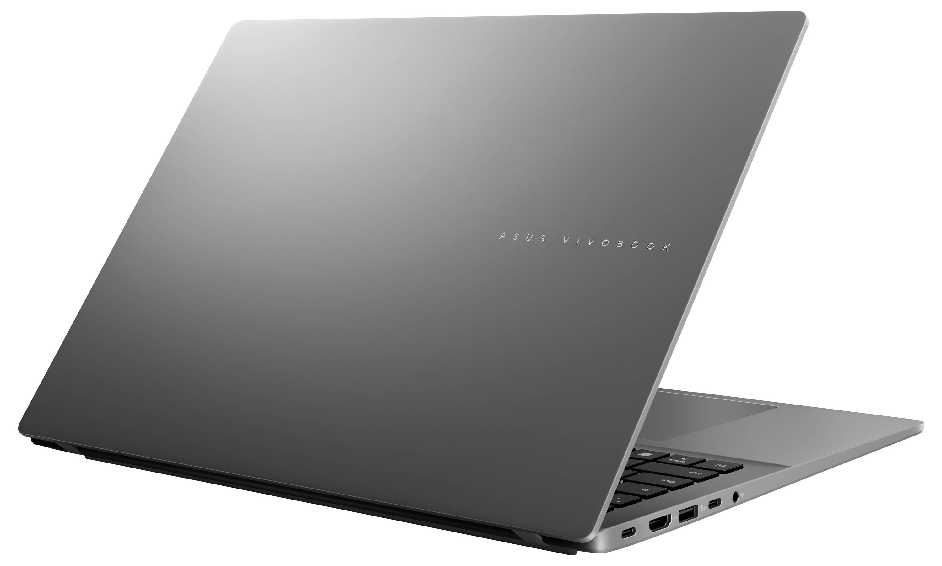 Ein silberner Laptop, teilweise geschlossen, mit dem Deckel, auf dem der Text „ASUS Vivobook