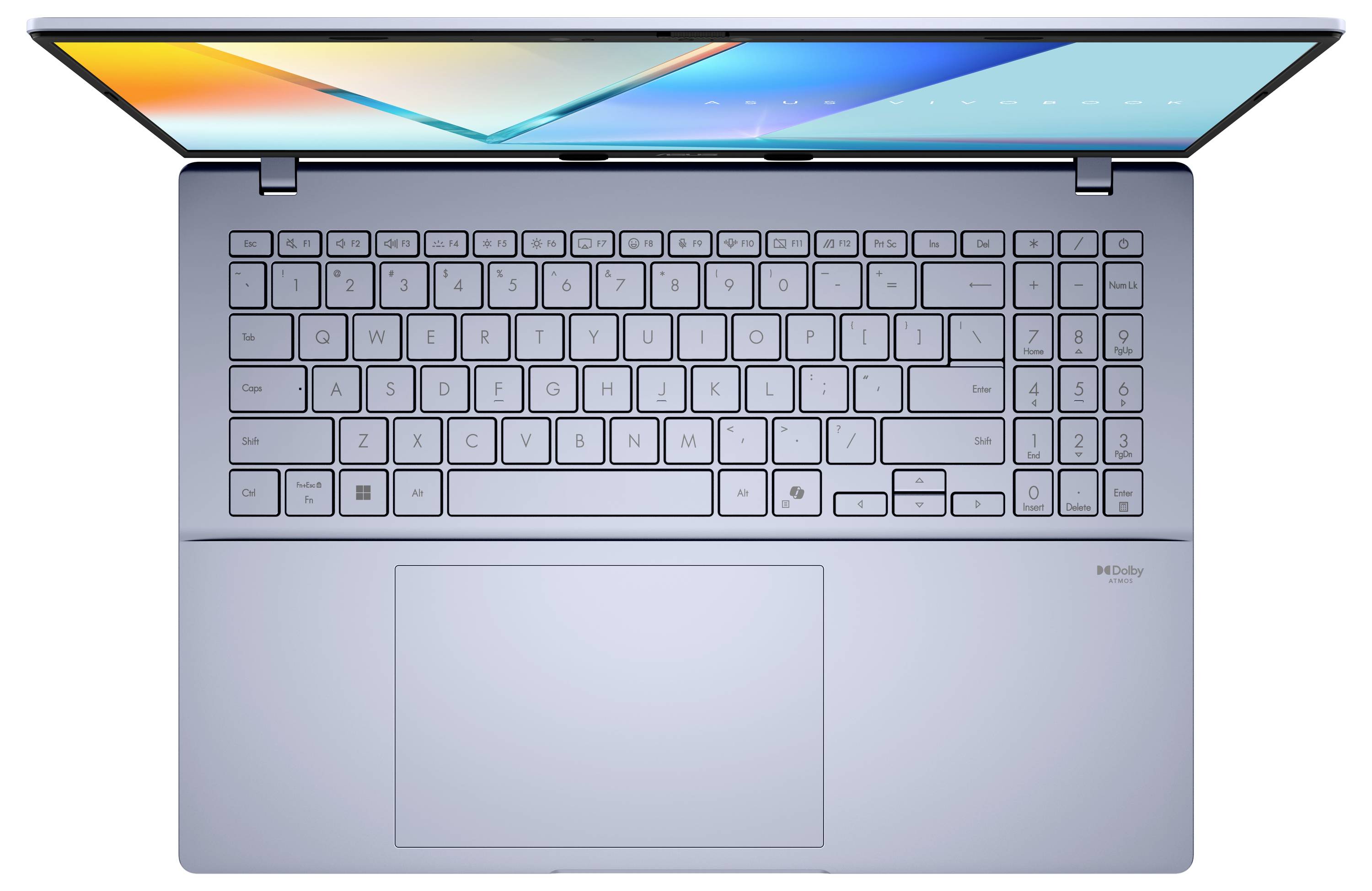 Laptop von oben geöffnet, zeigt Tastatur und Trackpad, mit einem farbenfrohen Bildschirm, der abstrakte Formen anzeigt.
