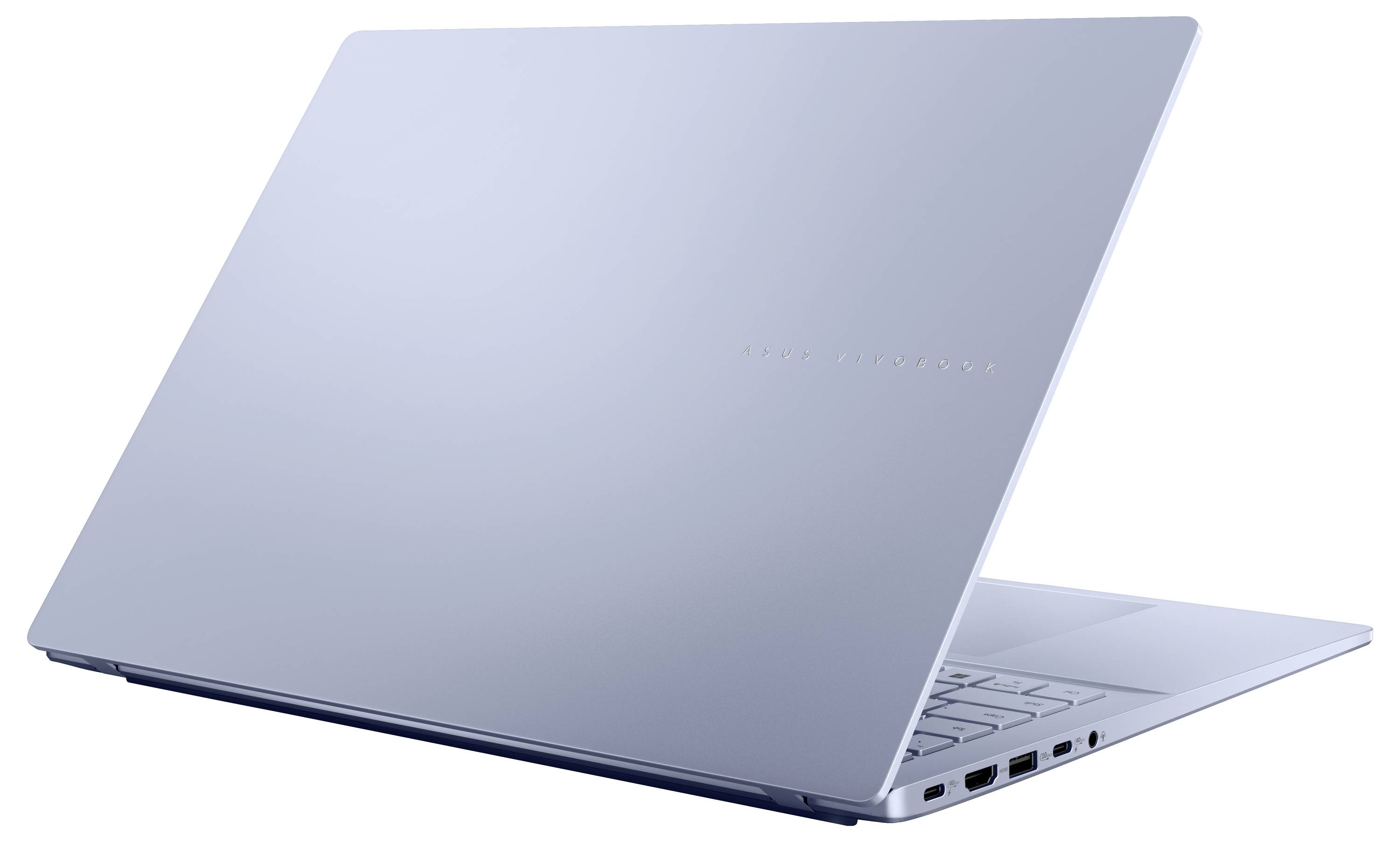 Ein eleganter ASUS-Laptop mit hellem Bildschirm, auf dem der Text „Robustes Metall-Gehäuse