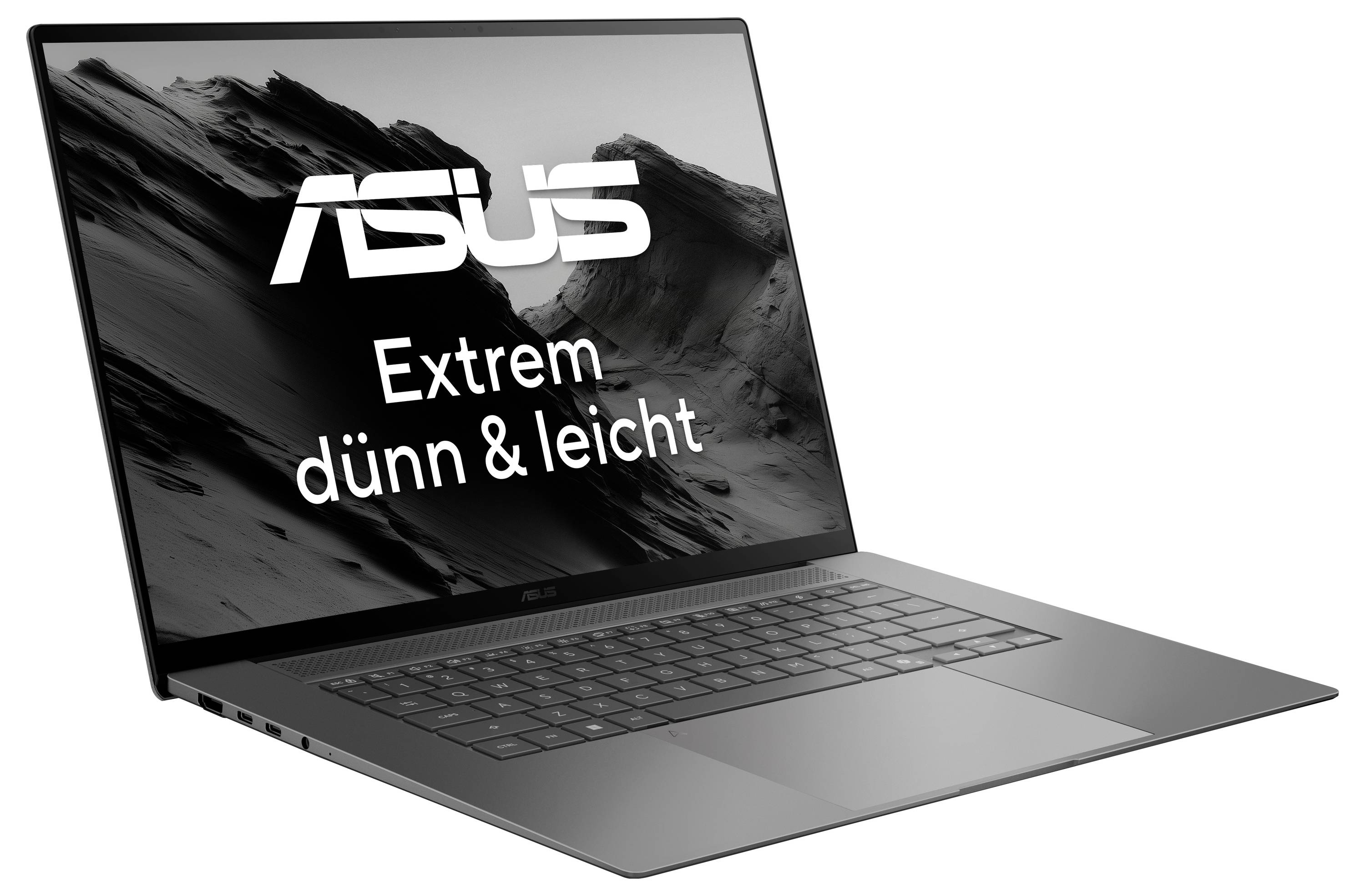 Laptop von Asus, sehr dünn und leicht. Schwarzes Design, moderner Stil. Hintergrundbild mit Berglandschaft.