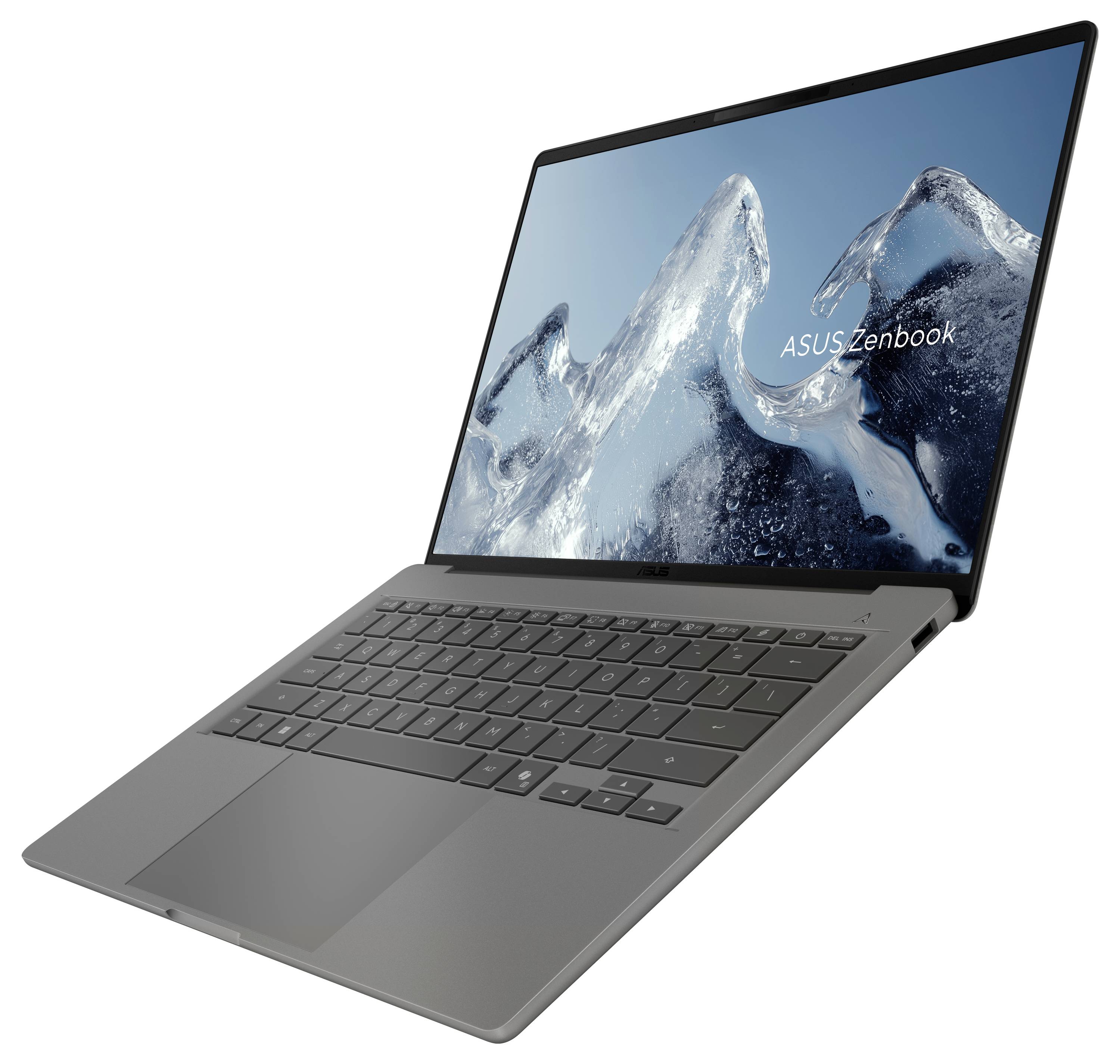 Ein elegantes, offenes Laptop mit einem eisigen Wellenhintergrund auf dem Bildschirm und dem Text 