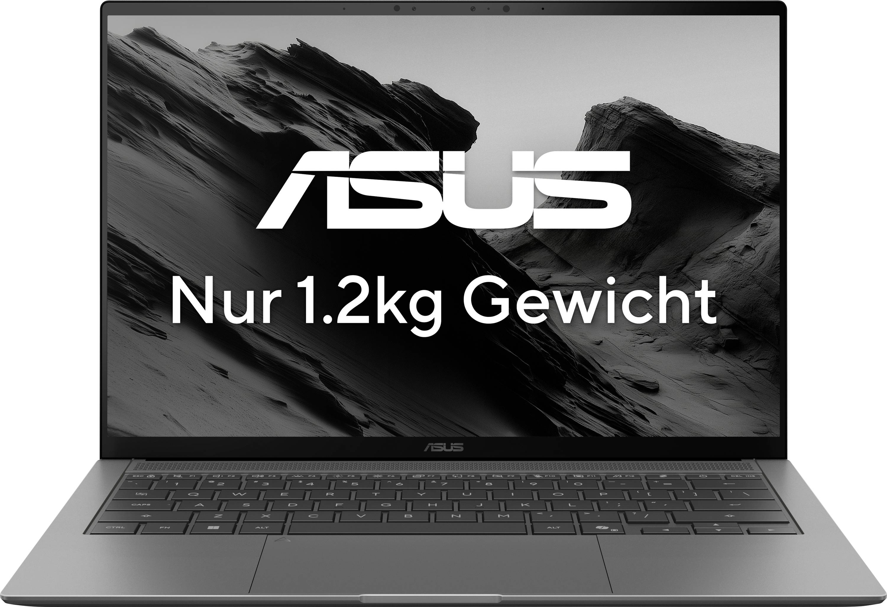 Laptop mit Berglandschaft auf dem Bildschirm, 'ASUS' Logo und Text 'Nur 1.2kg Gewicht'.