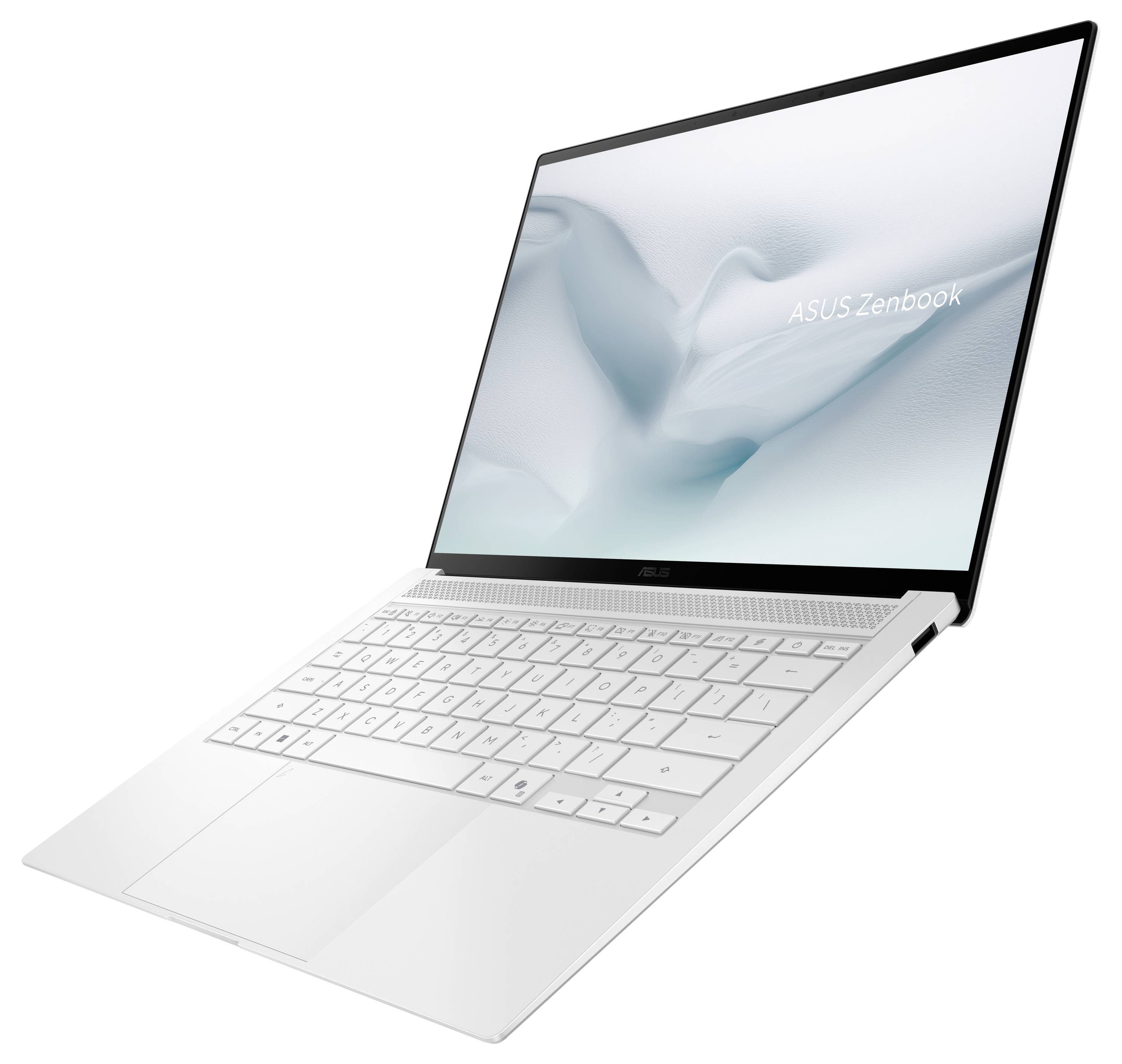 Ein elegantes, offenes ASUS Zenbook-Laptop mit weißer Tastatur und minimalistischem Bildschirmdesign, gezeigt aus einer Dreiviertelperspektive.