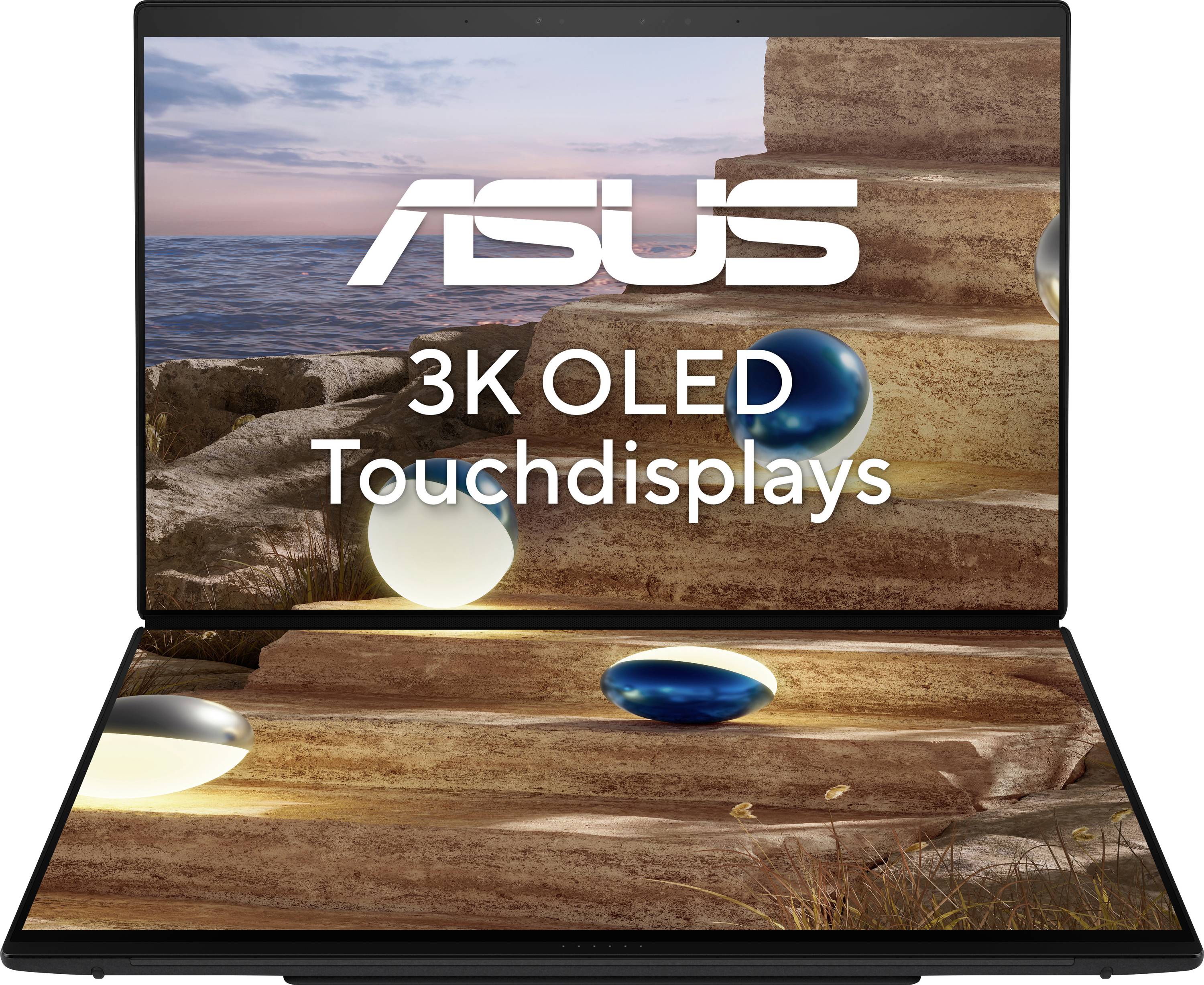 ASUS 3K OLED-Touchdisplays' Text auf einem ASUS-Laptop-Bildschirm, der ein malerisches Bild mit kugelförmigen Leuchten auf Steinstufen anzeigt.