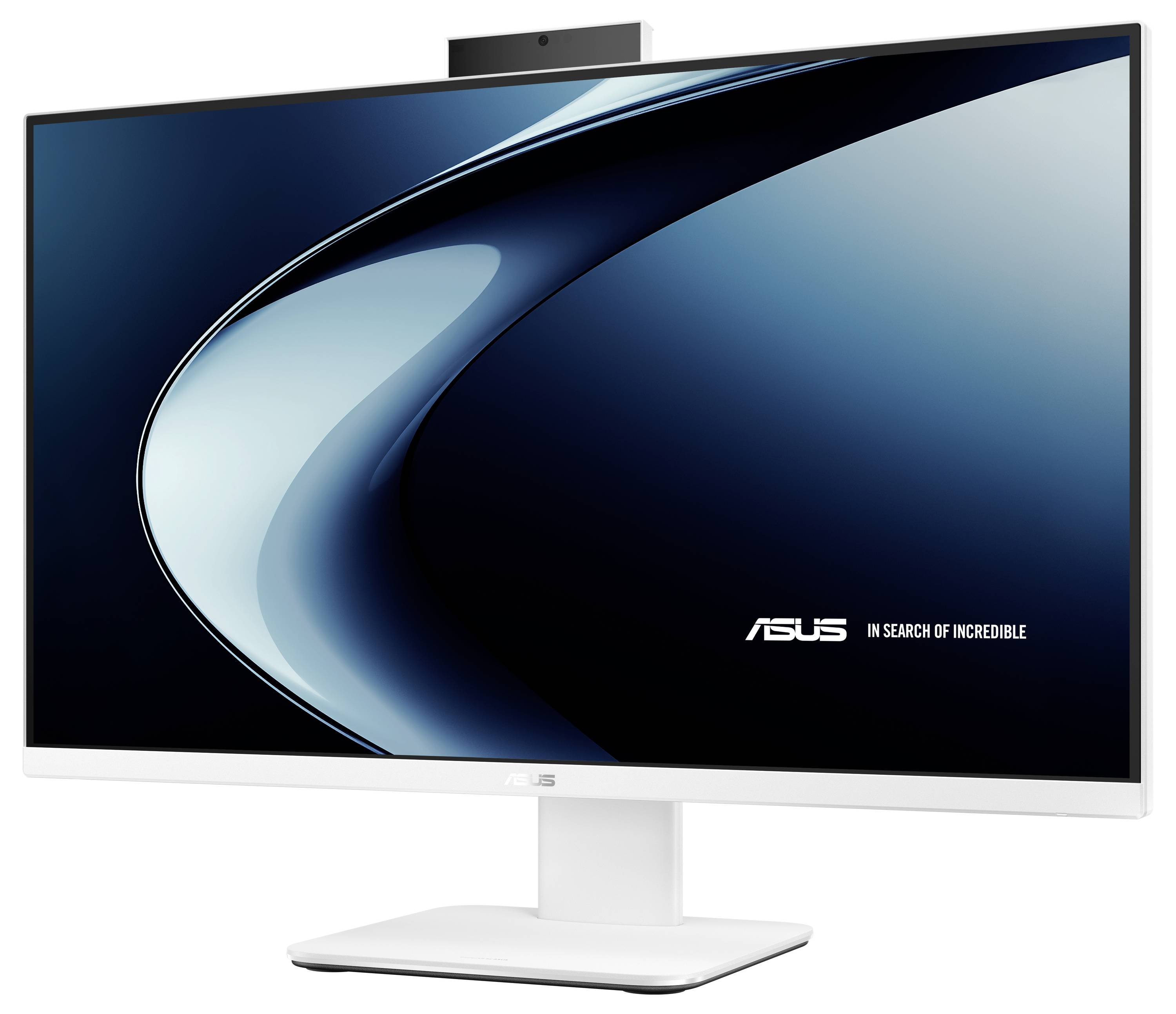 Ein weißer Asus-Monitor mit dünnem Rahmen, der einen blauen abstrakten Hintergrund und den Satz „Auf der Suche nach dem Unglaublichen