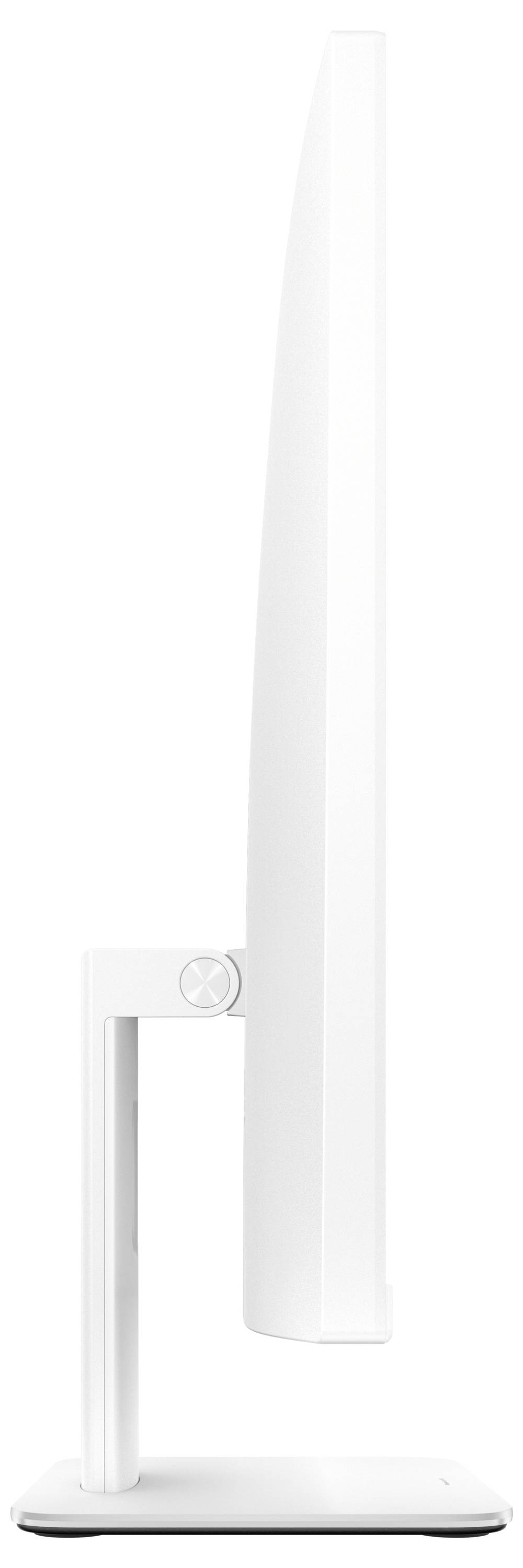 Seitenansicht eines schlanken, weißen Computermonitors mit dünnem Rahmen, verstellbarem Ständer und modernem Design.