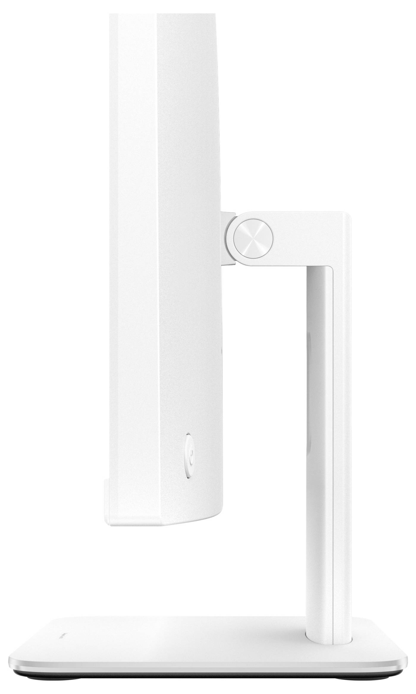 Ein eleganter, moderner weißer Computermonitor von der Seite betrachtet, der sein dünnes Profil und seinen verstellbaren Ständer zeigt.